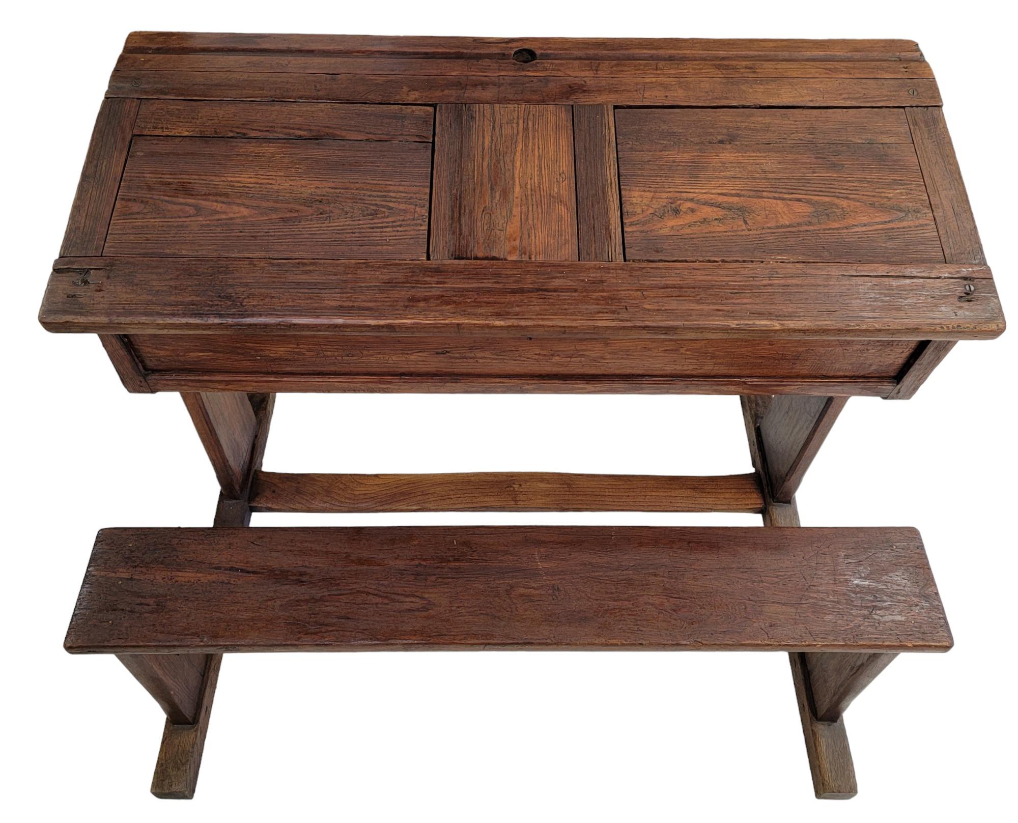 Rare 19thc French School Bench Desk For Two In Good Condition For Sale In Pasadena, CA