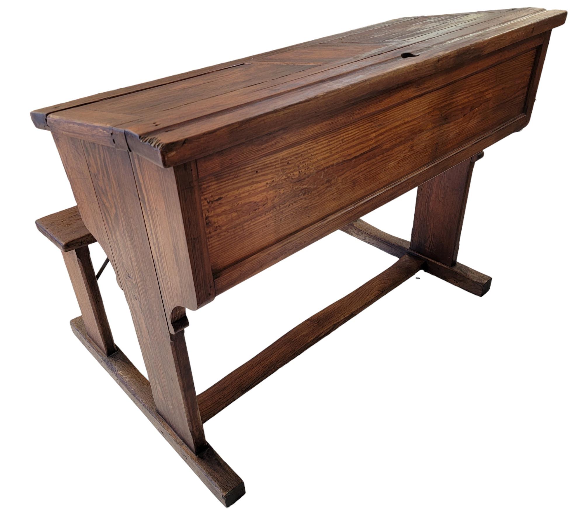 Wood Rare 19thc French School Bench Desk For Two For Sale