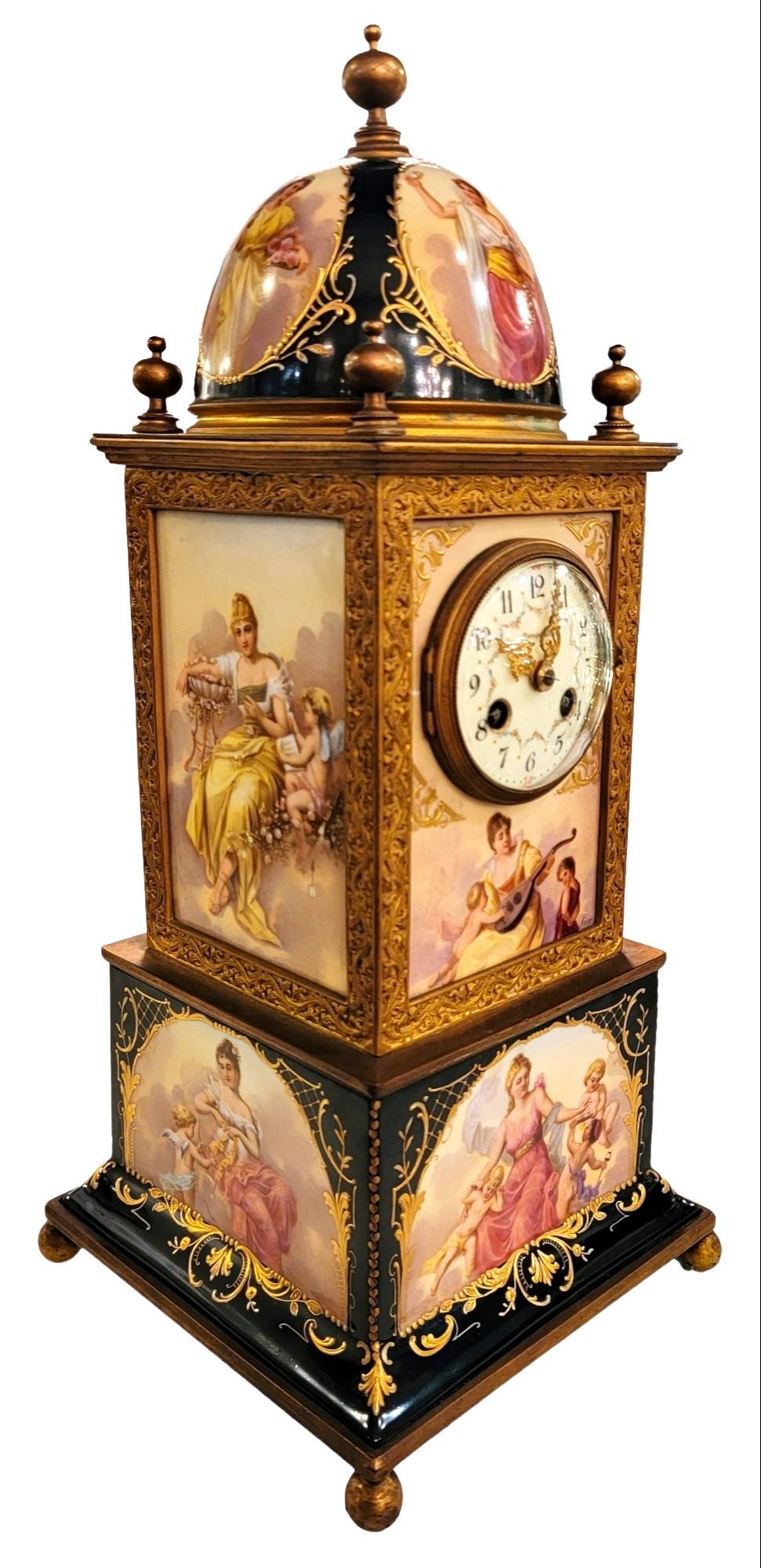 Rare Tiffany and Company French Sevres Mantle Clock. Beautiful hand painted Color with museum like quality throughout the entire clock. The interior is currently on and in working order. Measures approx 7.75w x 7.75d x 17.5h
