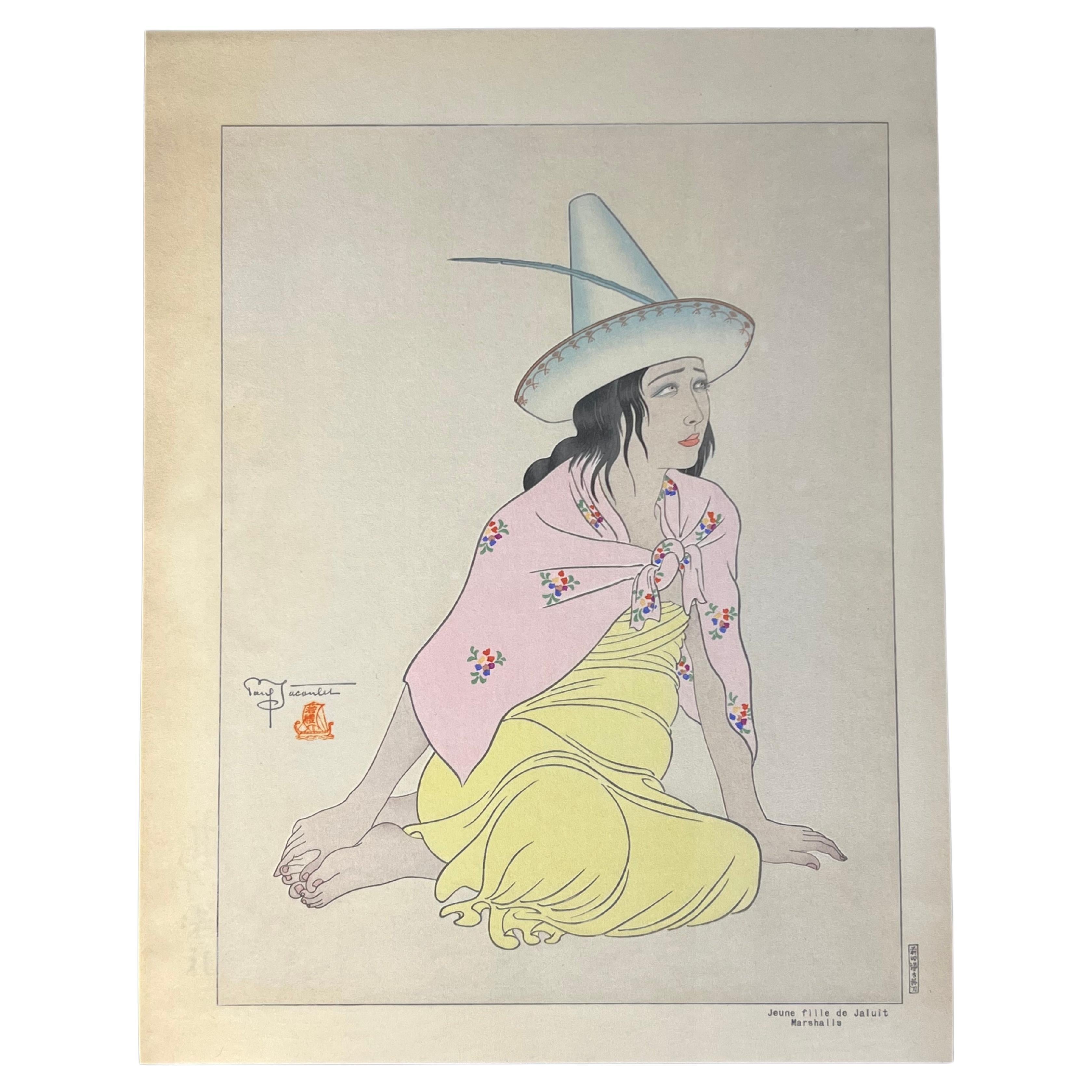 Rare 1ère édition originale de Paul Jacoulet, gravure sur bois de 1939 « Jeune fille de Jaluit »