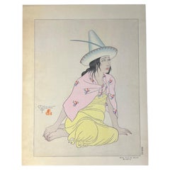 Rare 1ère édition originale de Paul Jacoulet, gravure sur bois de 1939 « Jeune fille de Jaluit »