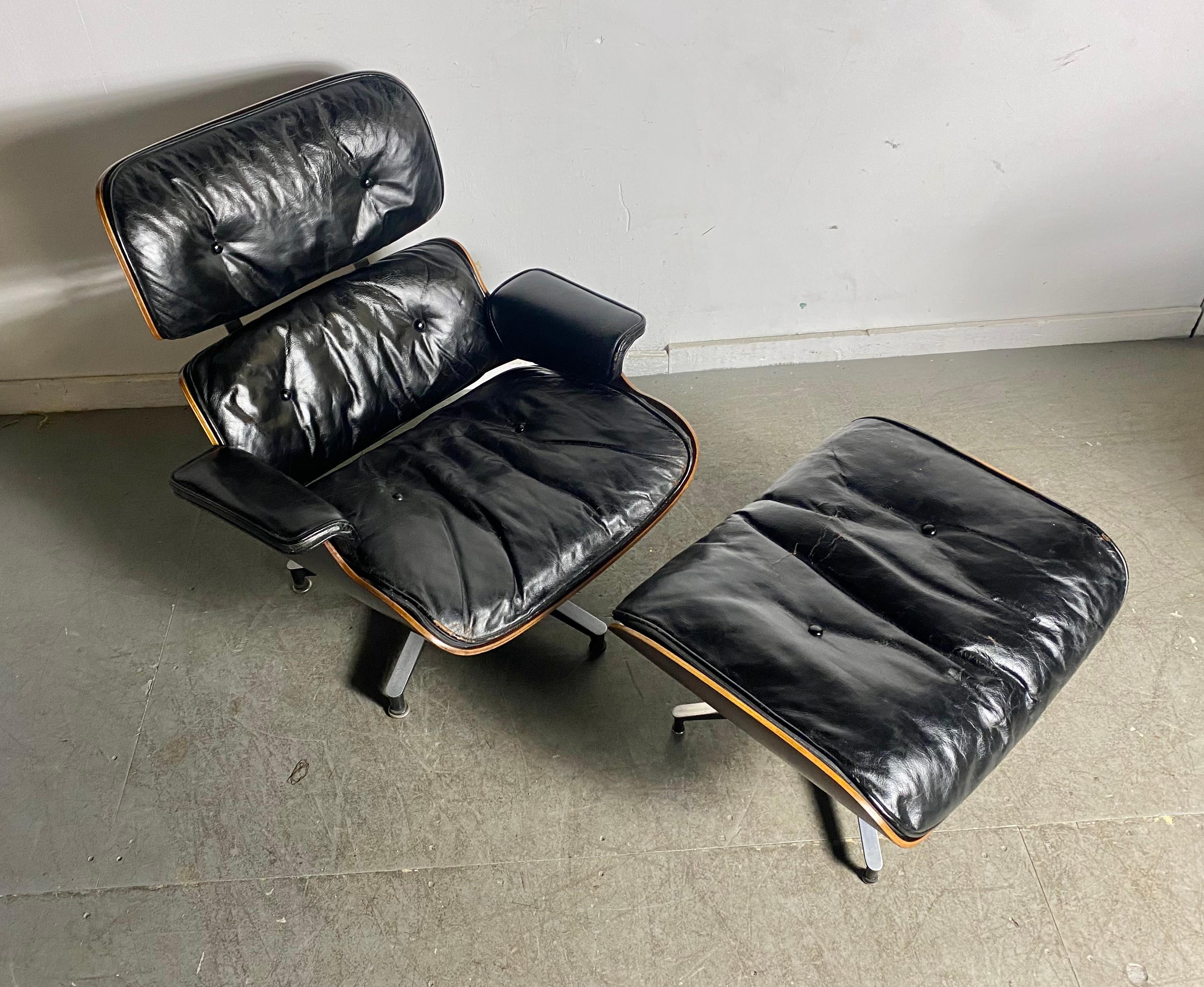 Rare 1st generation Charles Eames lounge chair and ottoman, Brazilian rosewood, leather. Manufactured by Herman Miller. Highly -coveted, part livable investment, part functional furniture. Originally purchased in 1957-58, features Brazilian Rosewood