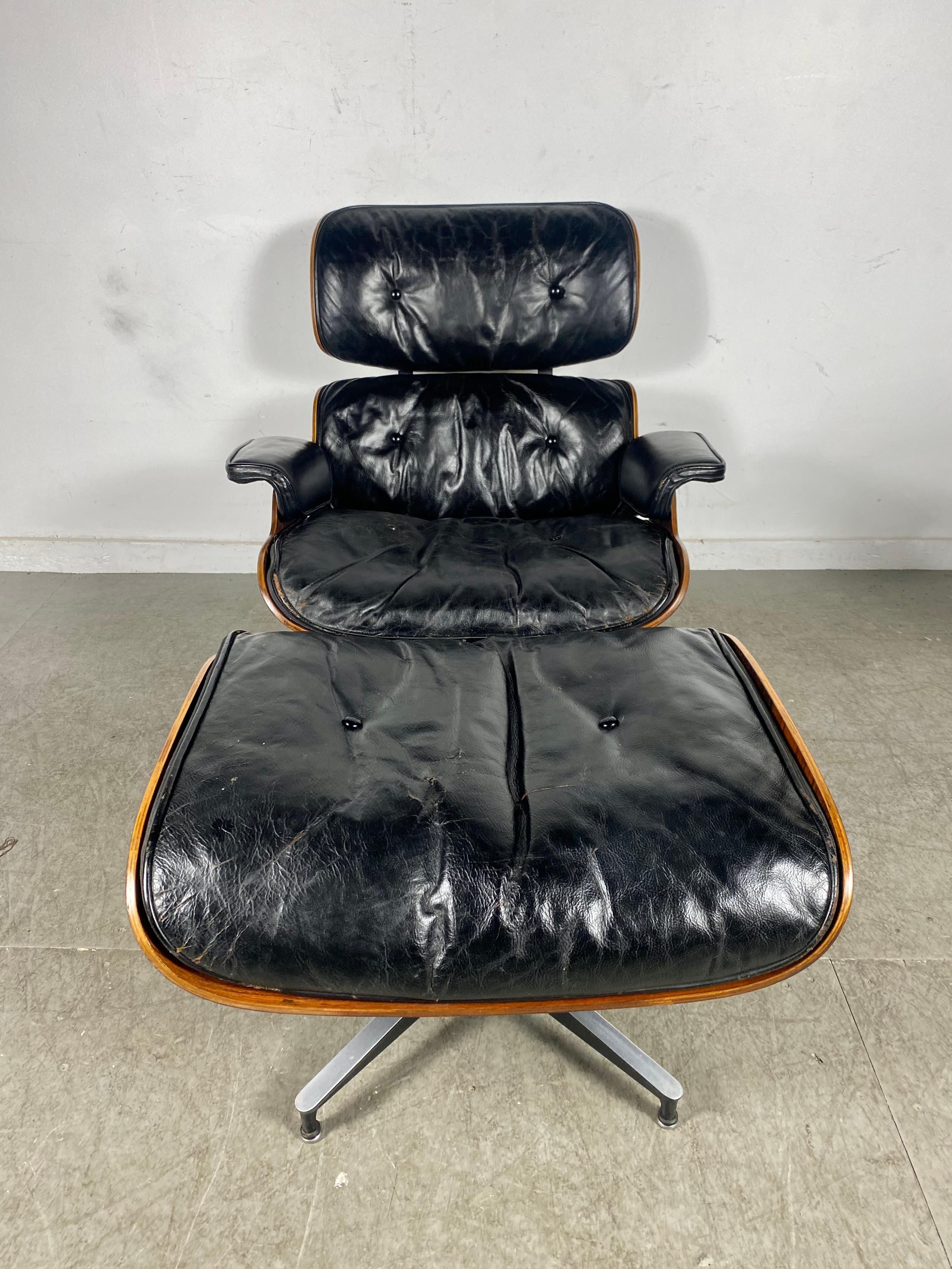 Mid-Century Modern Rare 1st Generation Eames Lounge Chair and Ottoman, Brazilian Rosewood, Leather