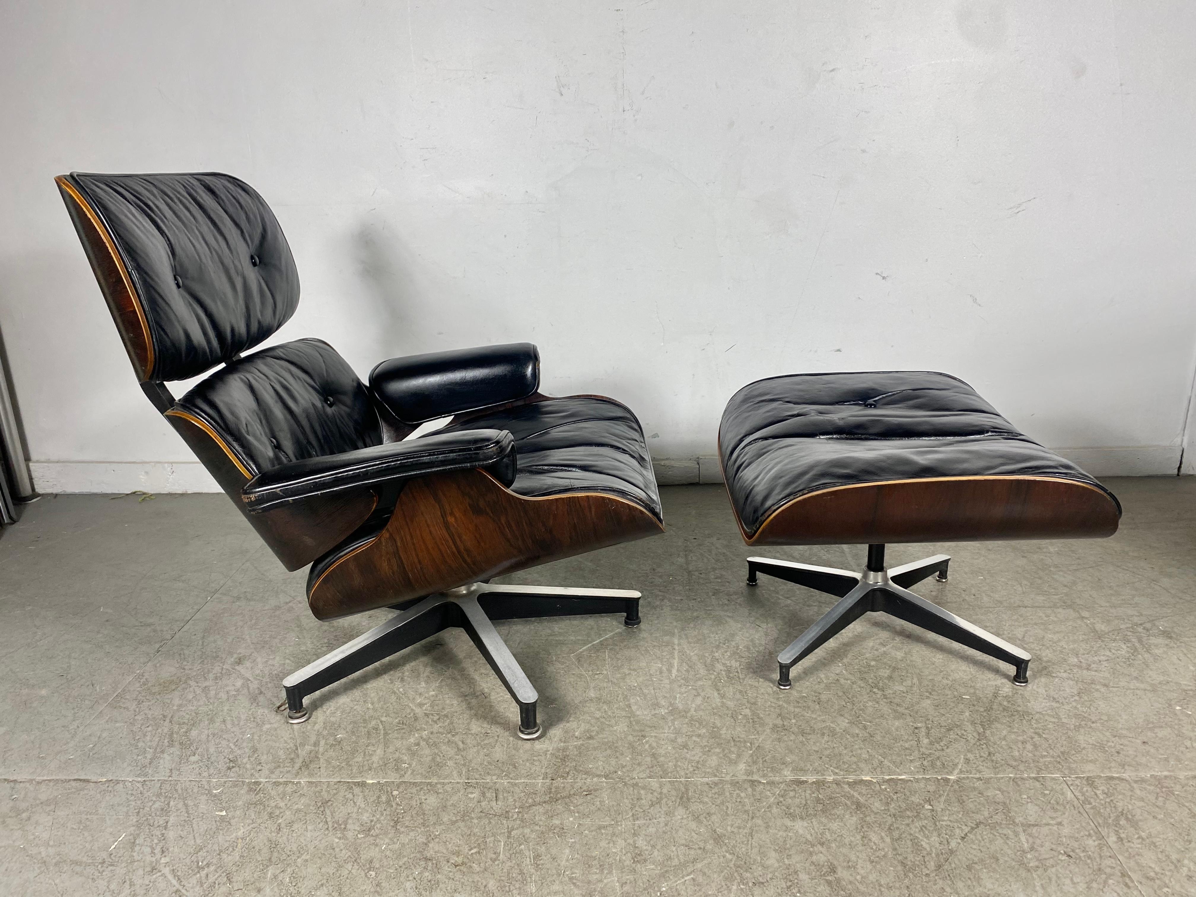 Mid-20th Century Rare 1st Generation Eames Lounge Chair and Ottoman, Brazilian Rosewood, Leather