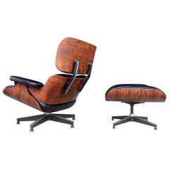 Rare salon Eames avec pouf tournant d'Herman Miller, 1ère année 1956