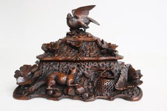 Rare 2 tier Swiss 19th century Black Forest Jewelry box hand carved Fox & bird.