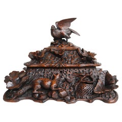 Rare 2 tier Swiss 19th century Black Forest Jewelry box hand carved Fox & bird.