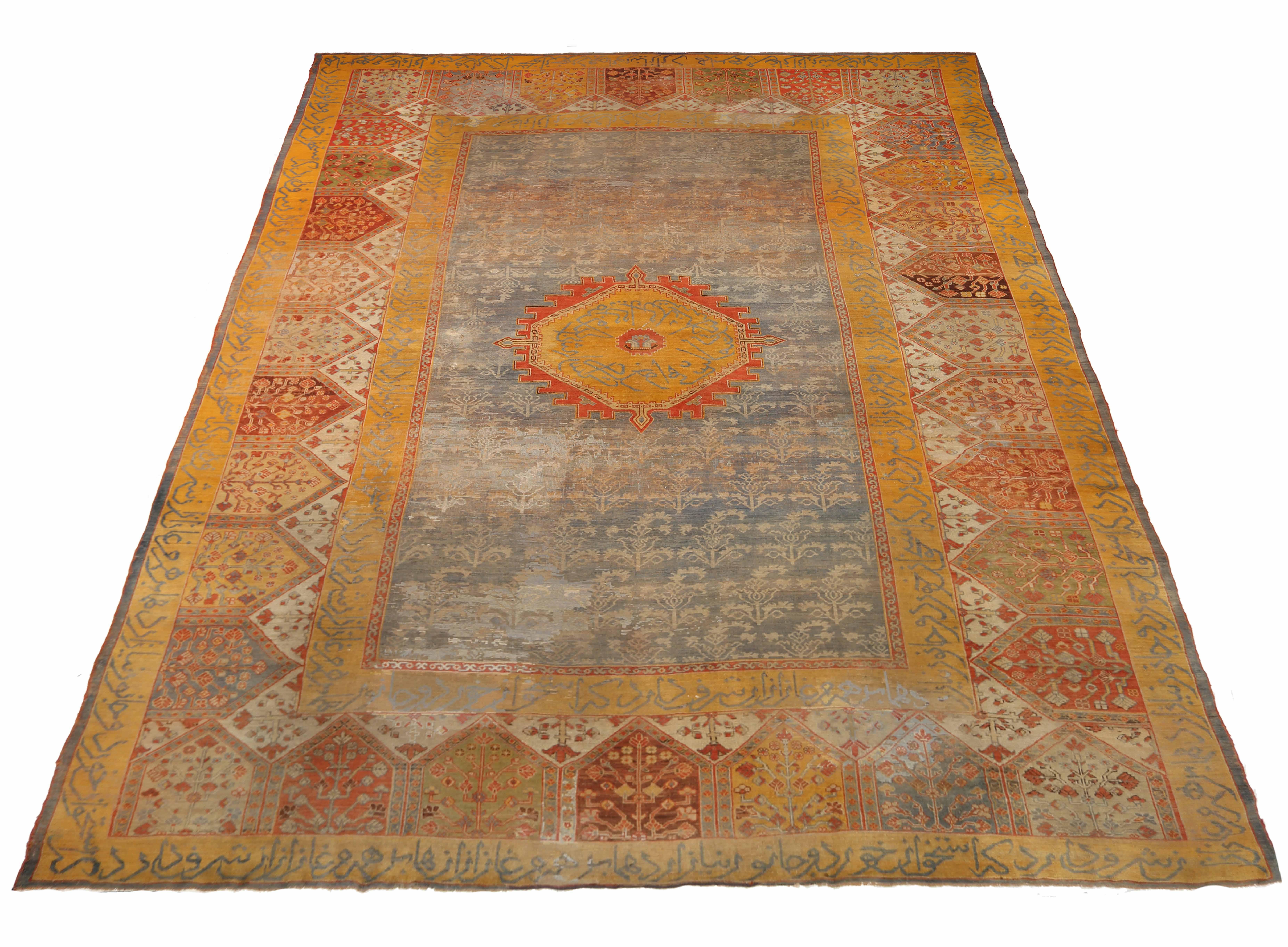 It has a dimension of 14'7'' x 19'2'' which works well for adorning large, open spaces like living rooms and dining areas. 

Turkish Oushaks such has this, have been renowned for the unusual designs and color combinations for hundreds of years.