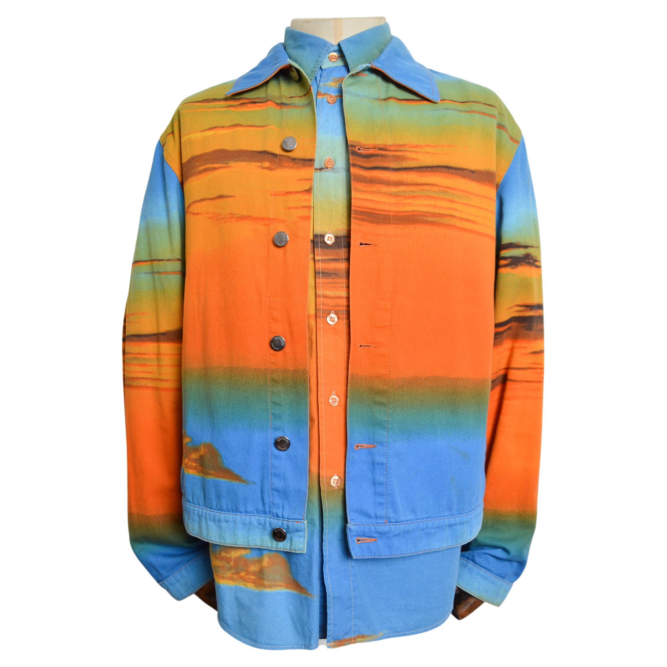 Rare 2000's Sunset Rave MOSCHINO Sunset Print - Pattern Denim Jacket For Sale