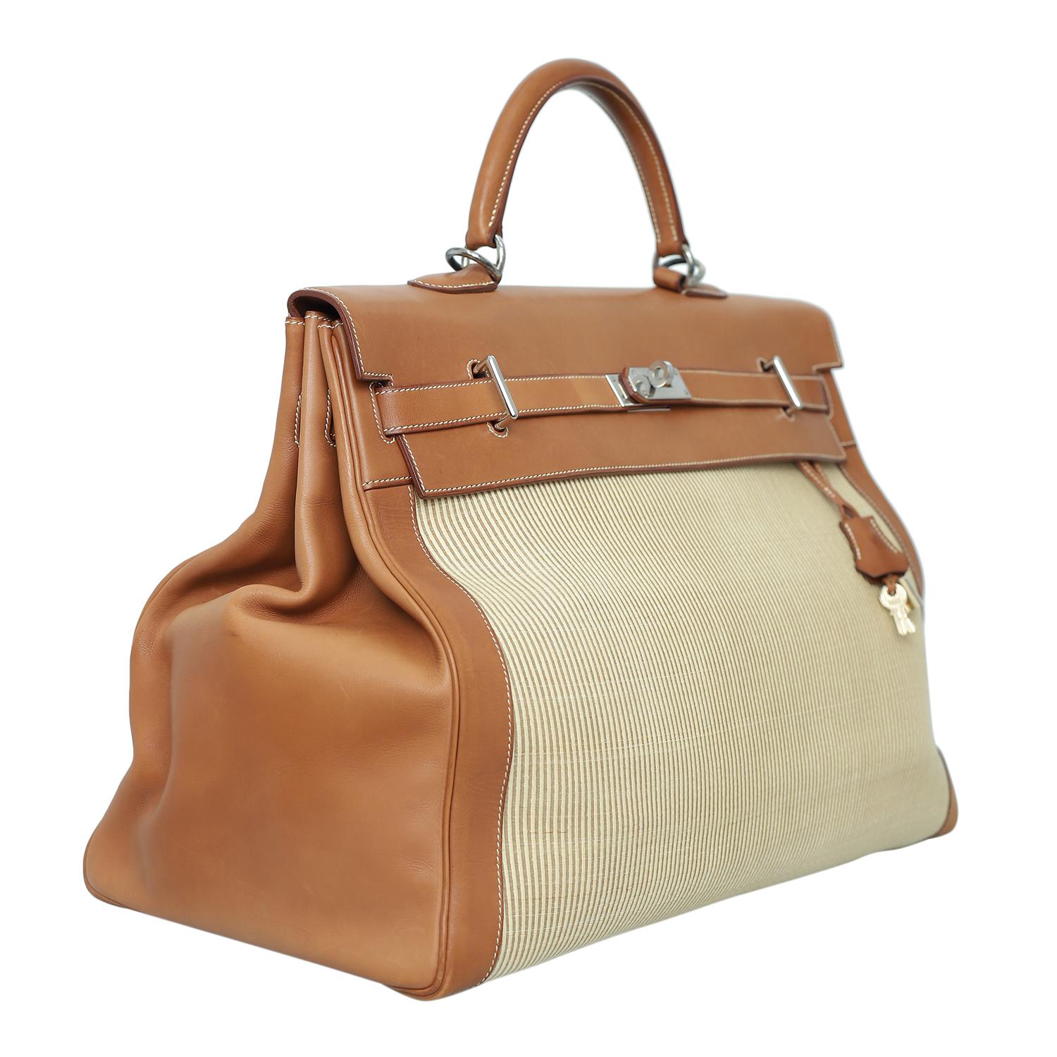 Beige Rare 2001 Hermes Fauve Barenia Crinoline Voyage Kelly 50 Bag