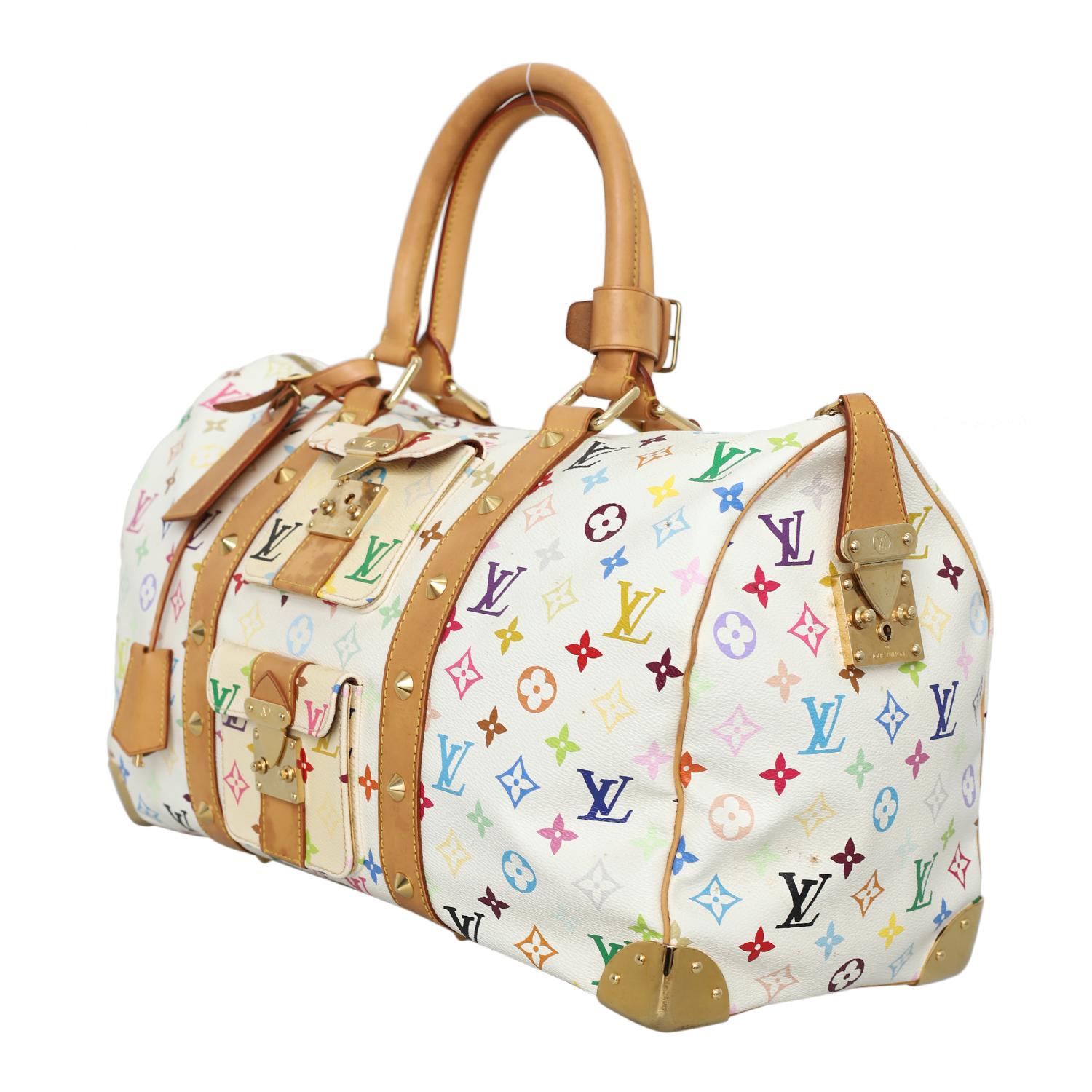 Women's or Men's Rare 2003 Louis Vuitton x Murakami White Monogram Multicolore Keepall 45 Bag For Sale