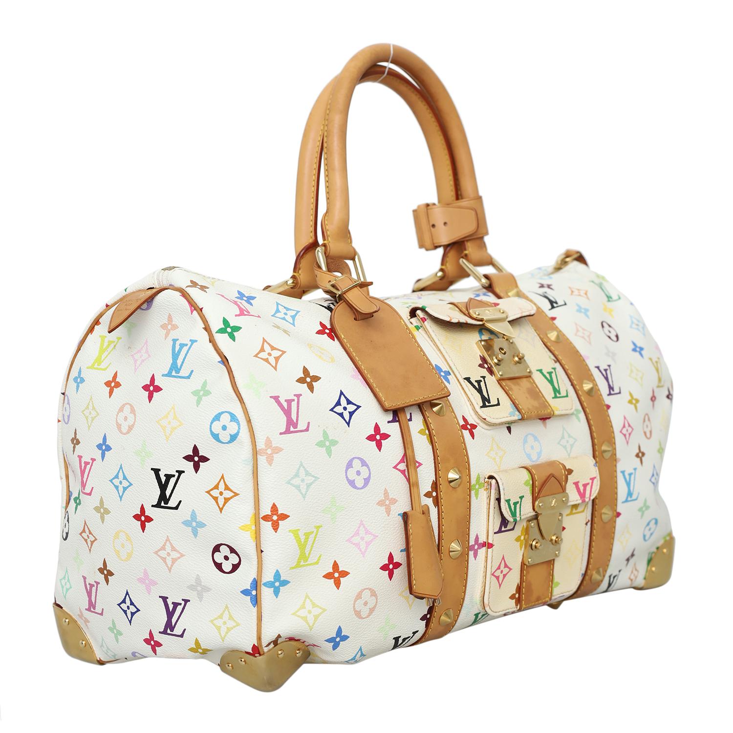 Rare 2003 Louis Vuitton x Murakami White Monogram Multicolore Keepall 45 Bag For Sale 1