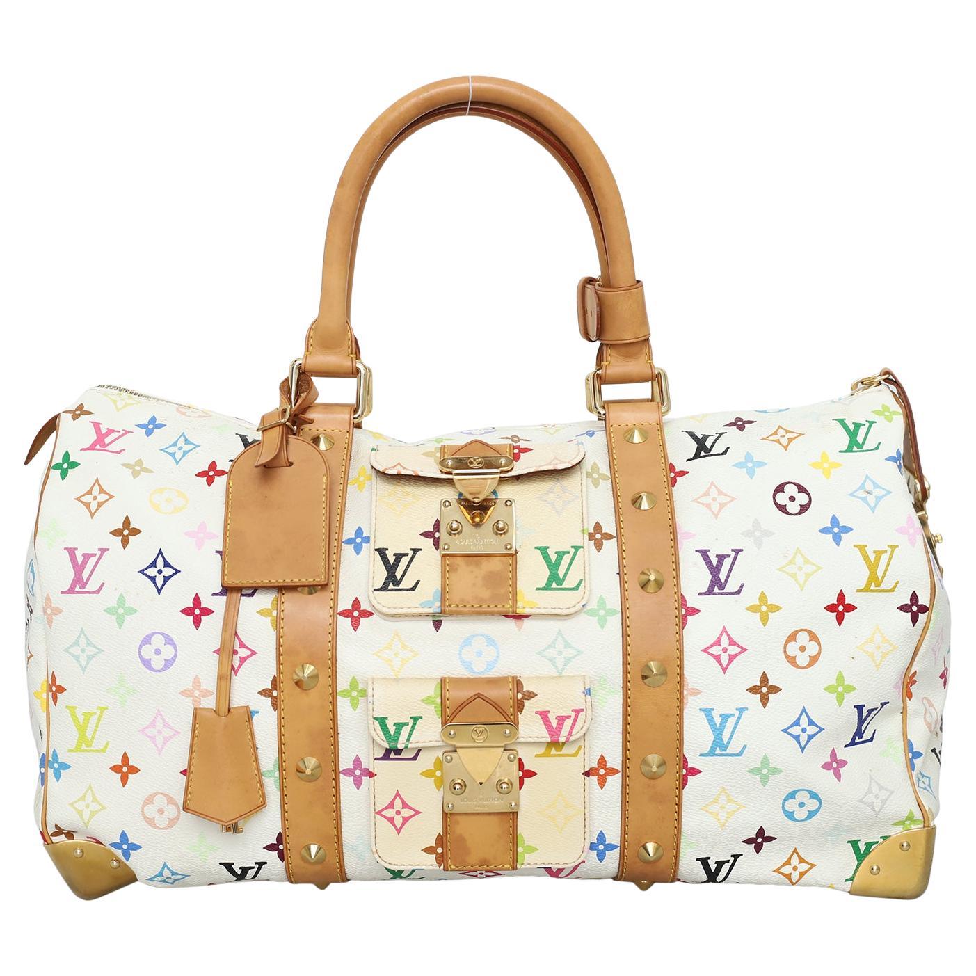 Rare 2003 Louis Vuitton x Murakami White Monogram Multicolore Keepall 45 Bag