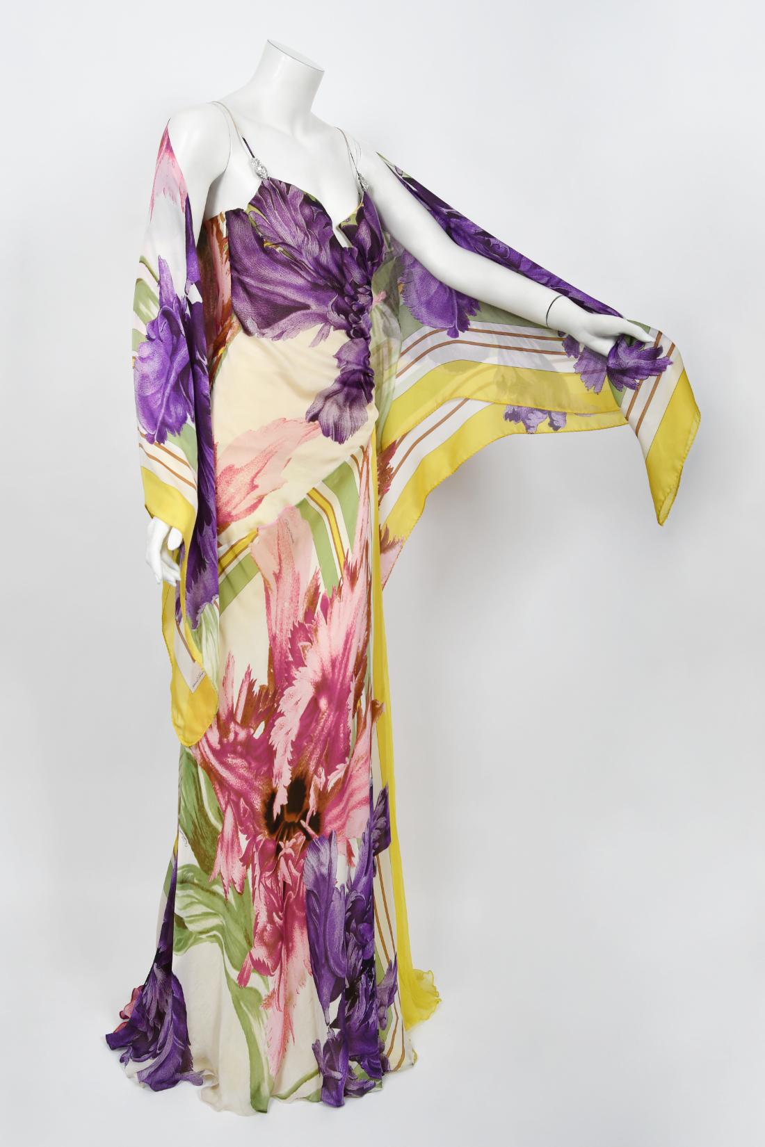 Rare 2005 Roberto Cavalli Large-Scale Floral Silk Bustier High-Slit Gown & Shawl For Sale 8