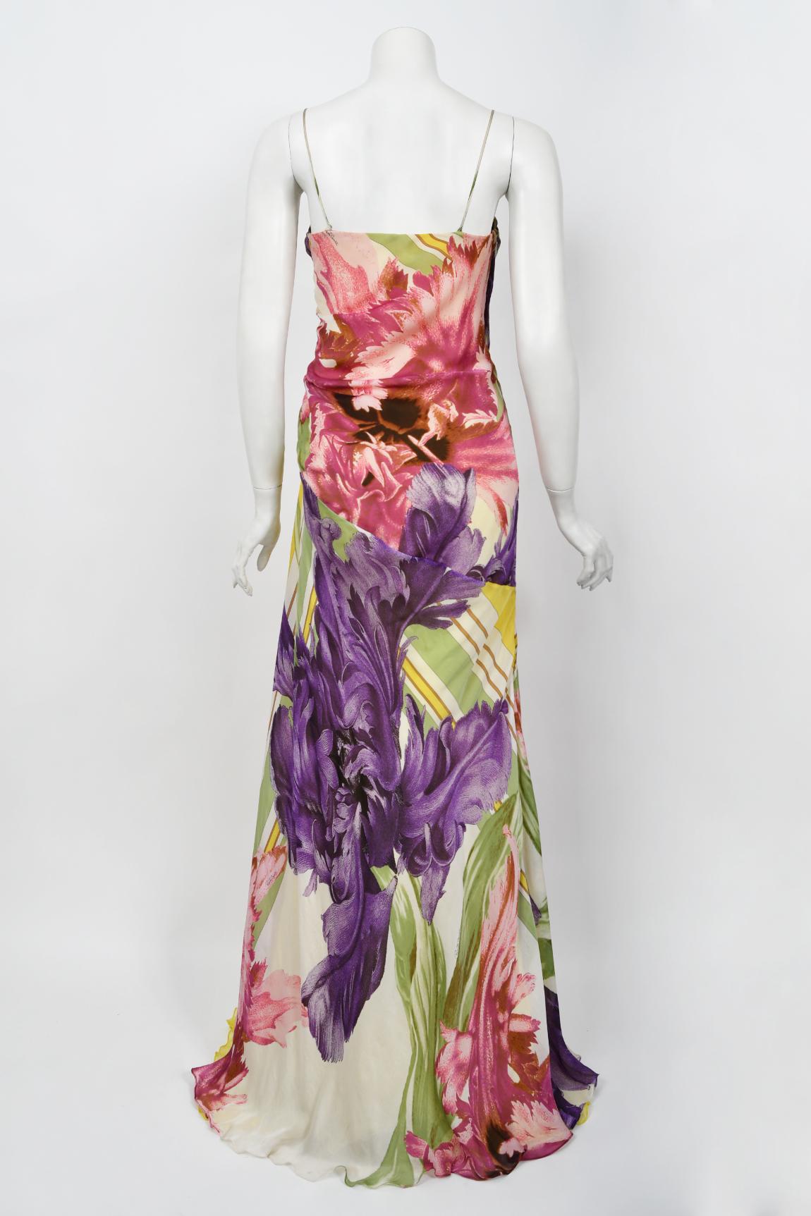 Rare 2005 Roberto Cavalli Large-Scale Floral Silk Bustier High-Slit Gown & Shawl For Sale 13