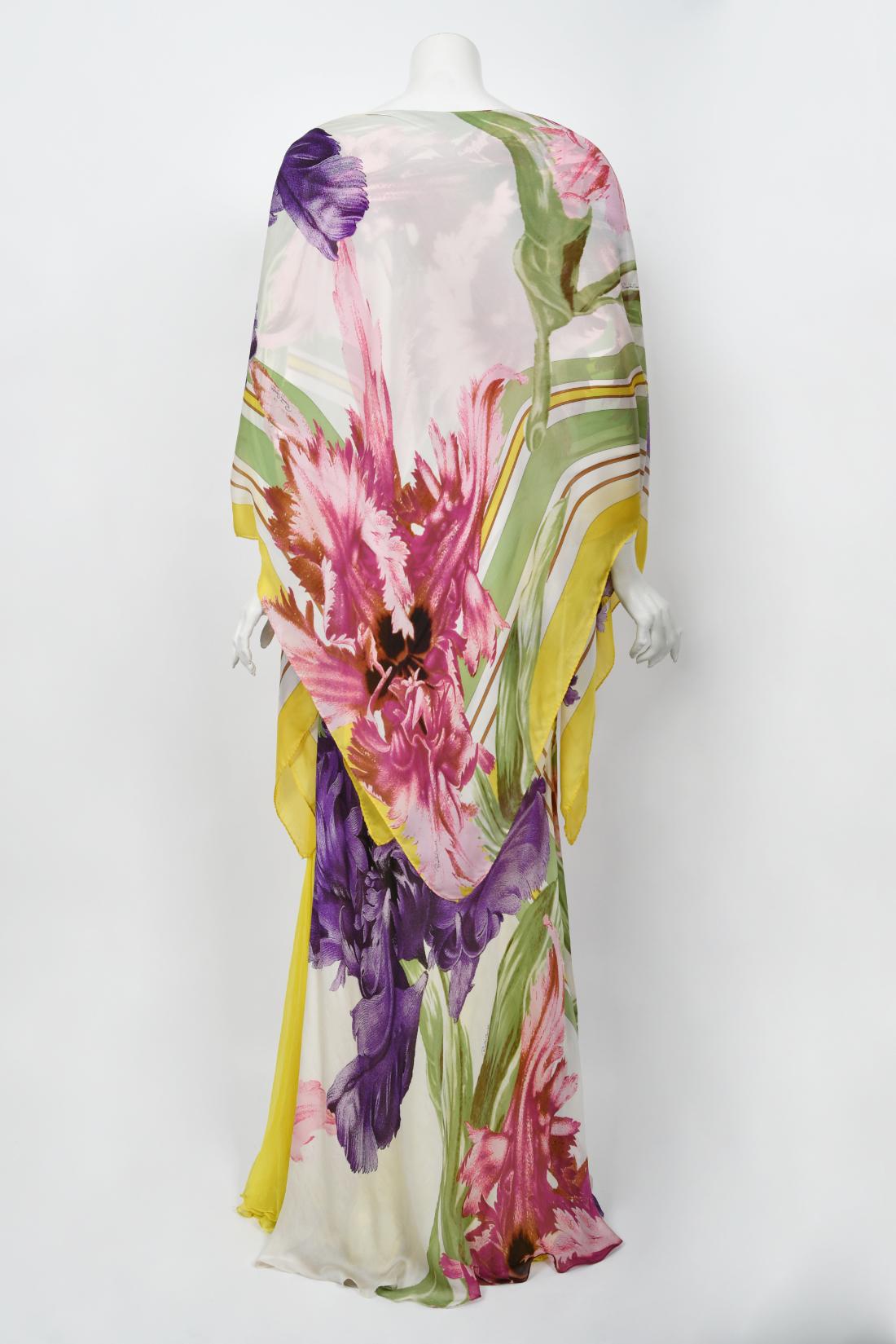 Rare 2005 Roberto Cavalli Large-Scale Floral Silk Bustier High-Slit Gown & Shawl For Sale 14