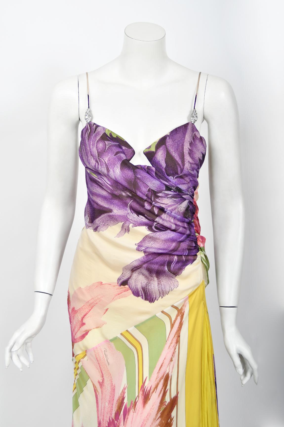 Women's Rare 2005 Roberto Cavalli Large-Scale Floral Silk Bustier High-Slit Gown & Shawl