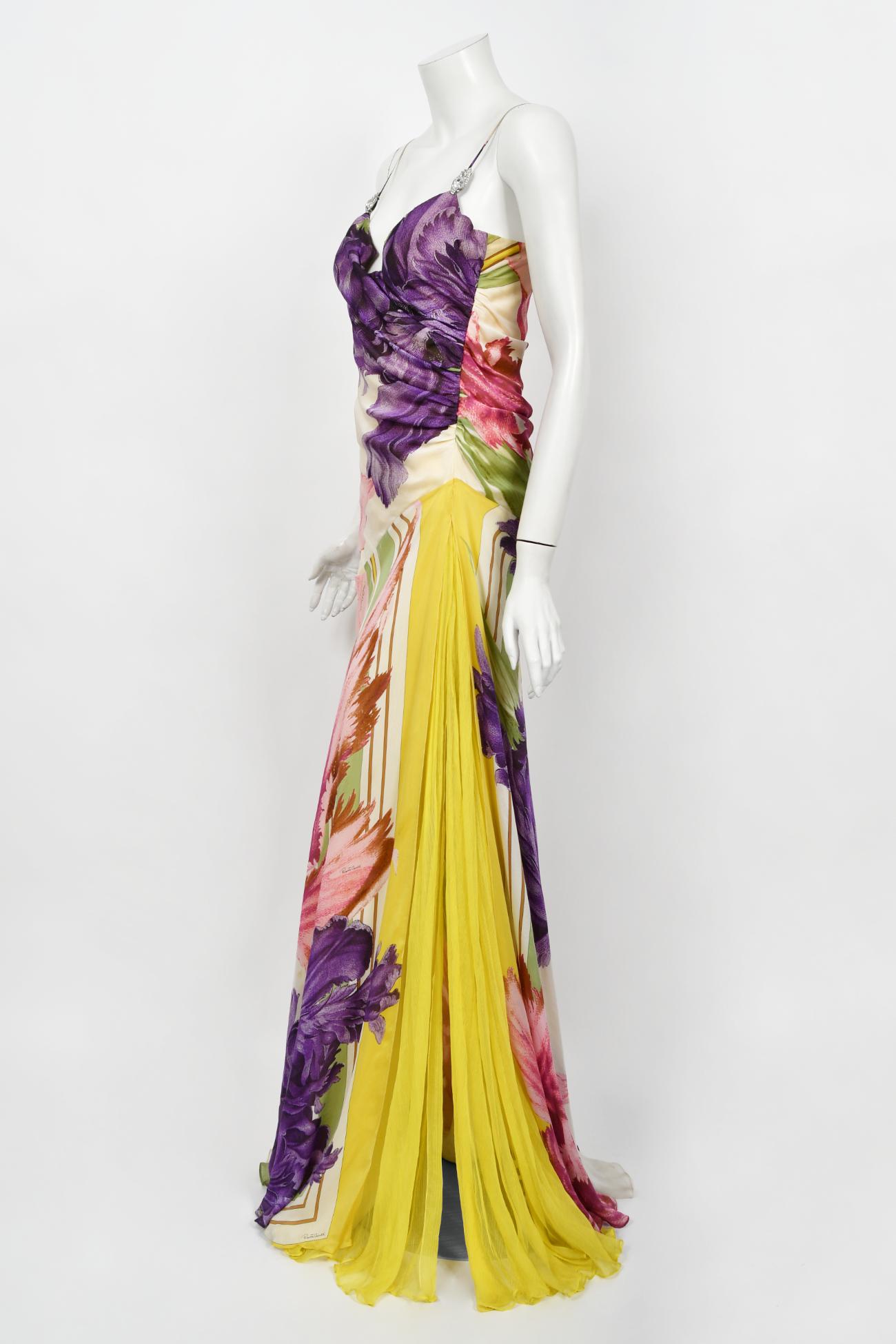 Rare 2005 Roberto Cavalli Large-Scale Floral Silk Bustier High-Slit Gown & Shawl 1