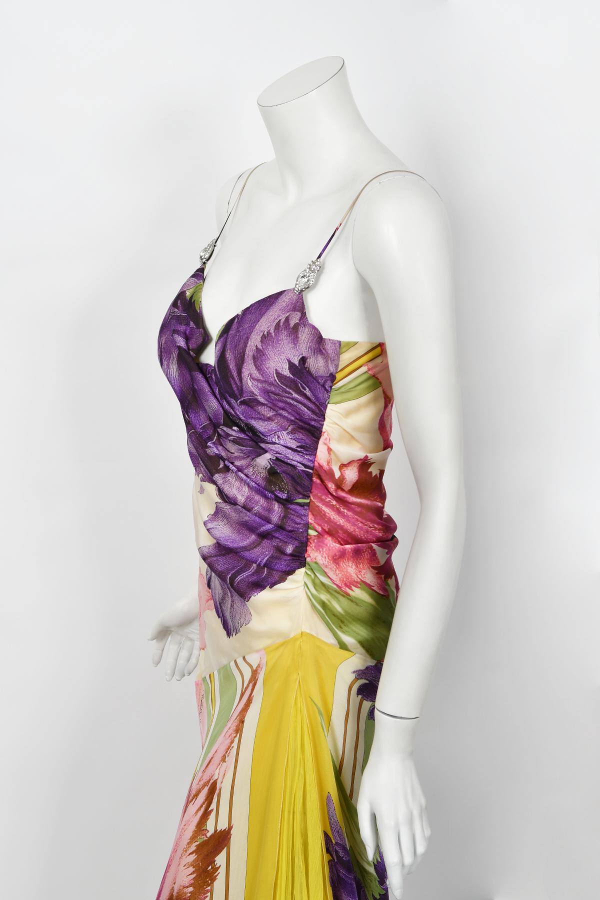 Rare 2005 Roberto Cavalli Large-Scale Floral Silk Bustier High-Slit Gown & Shawl For Sale 3