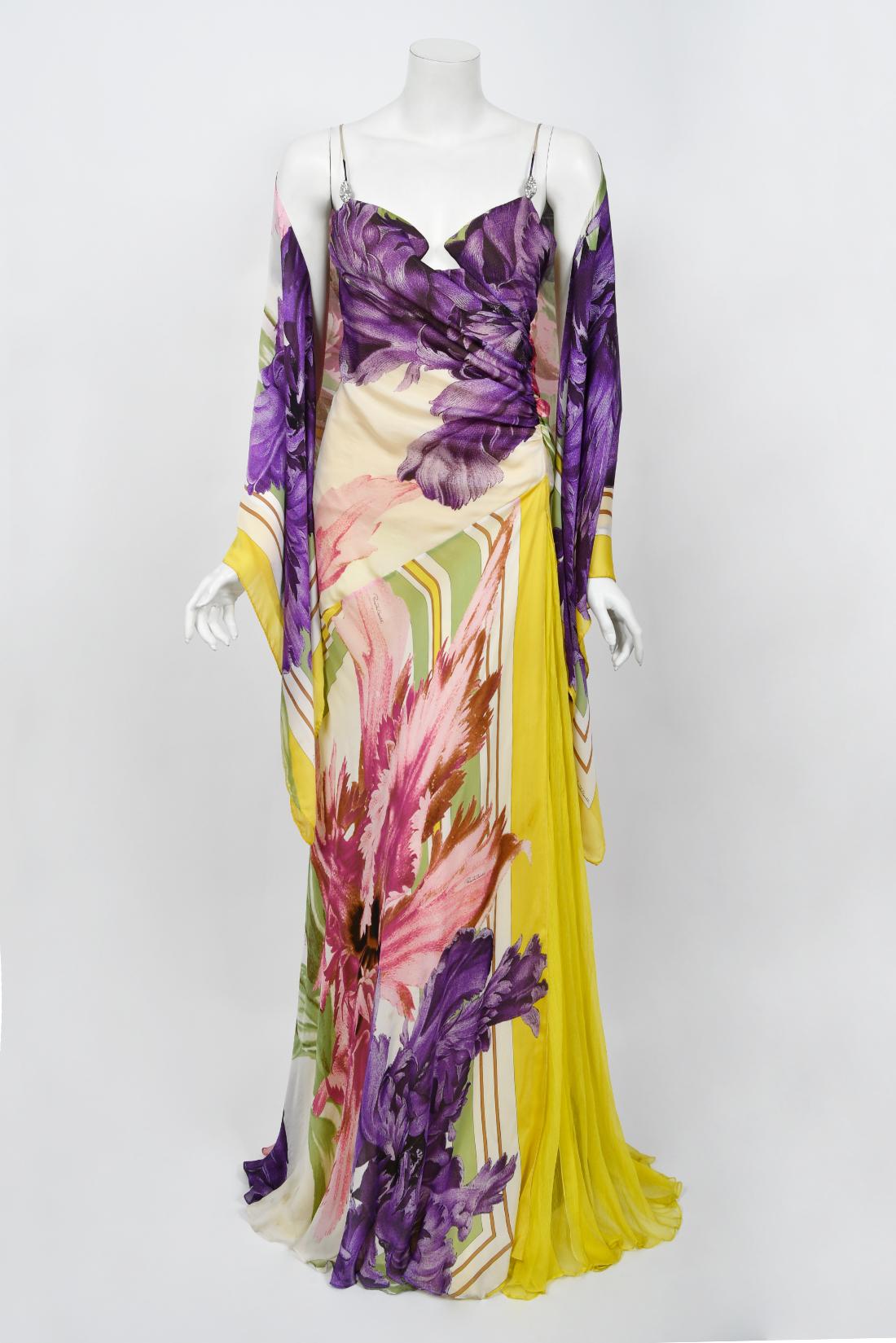 Rare 2005 Roberto Cavalli Large-Scale Floral Silk Bustier High-Slit Gown & Shawl For Sale 7