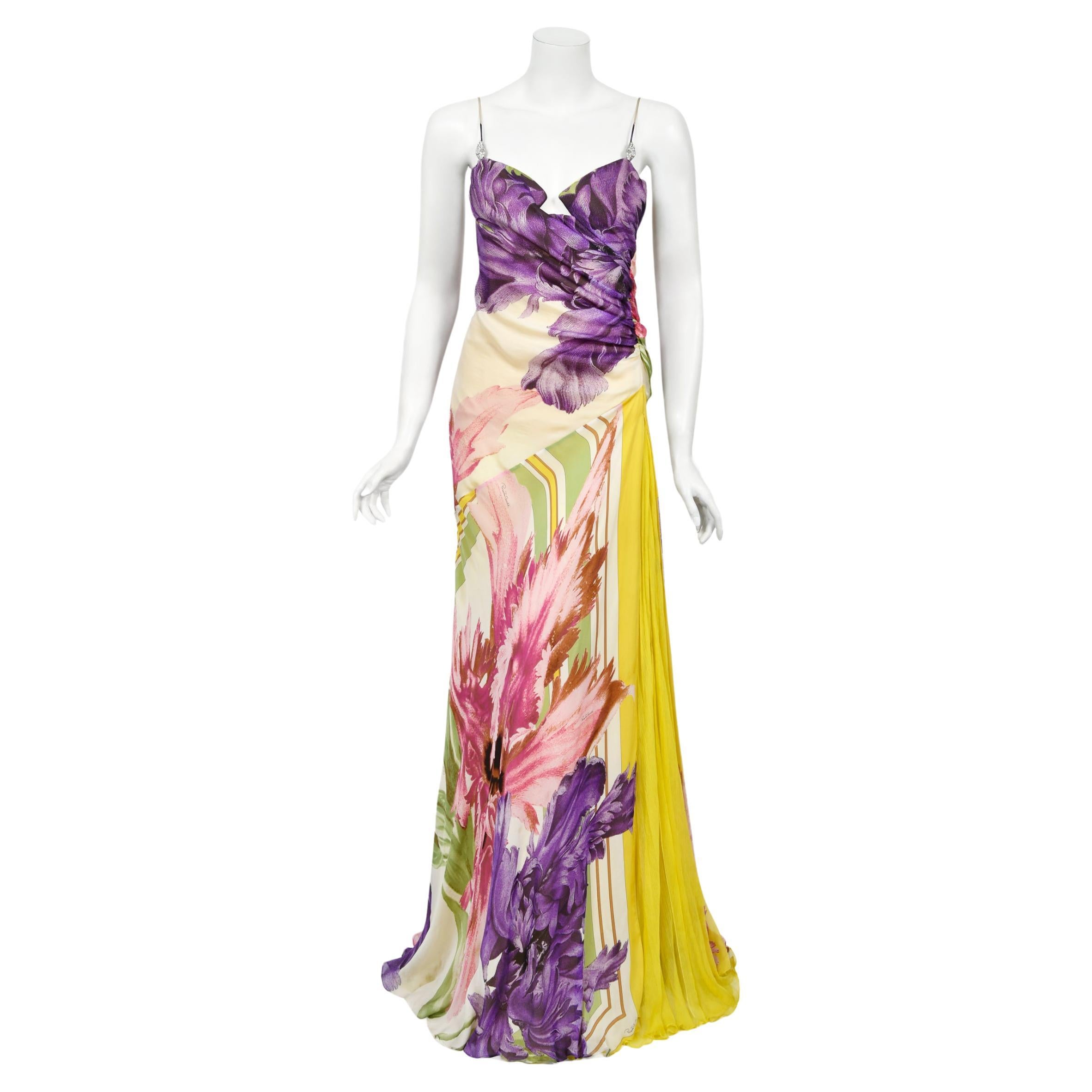 Rare 2005 Roberto Cavalli Large-Scale Floral Silk Bustier High-Slit Gown & Shawl For Sale