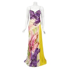 Rare 2005 Roberto Cavalli Large-Scale Floral Silk Bustier High-Slit Gown & Shawl