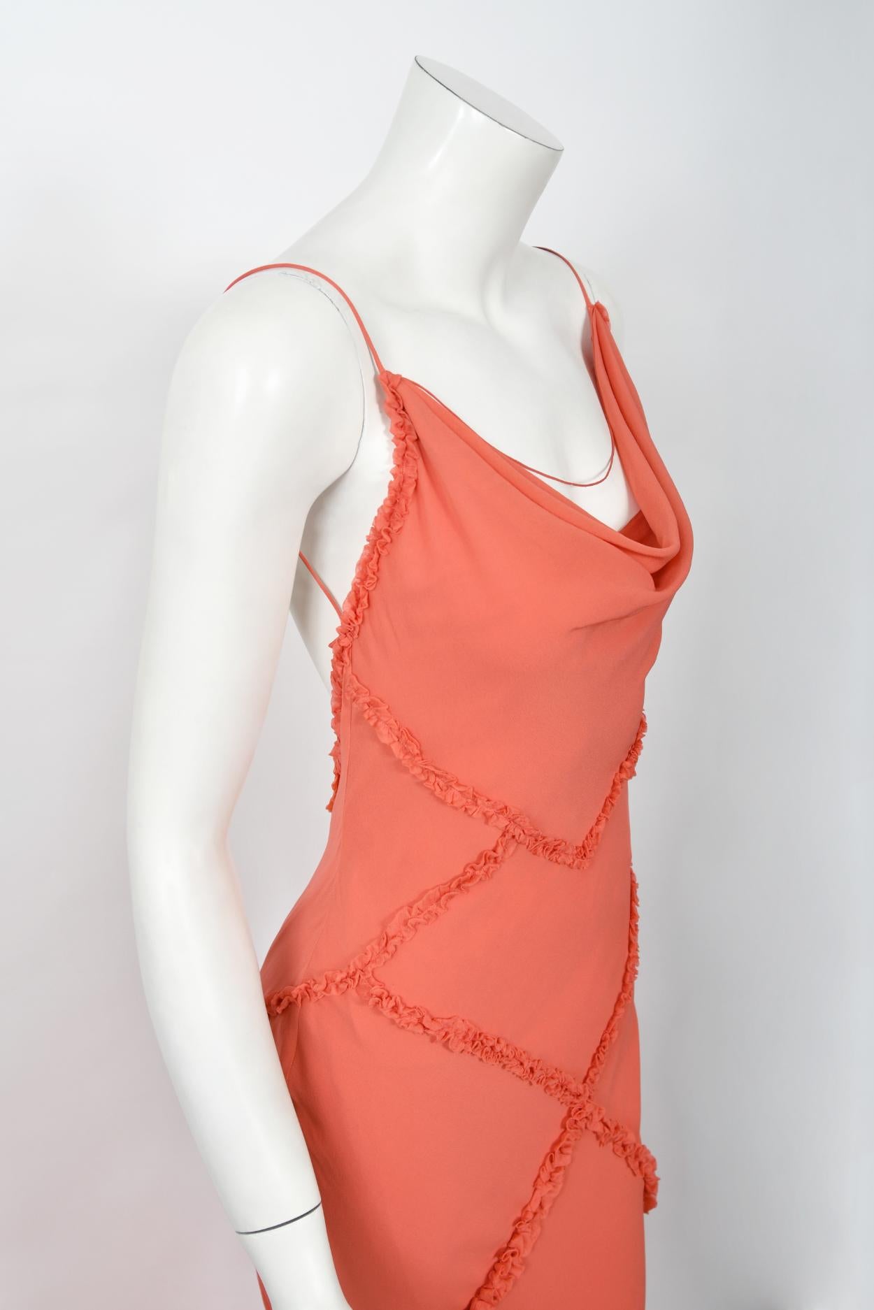 Rare 2008 John Galliano Coral Pink Silk Bias-Cut Scalloped Train Backless Gown 8