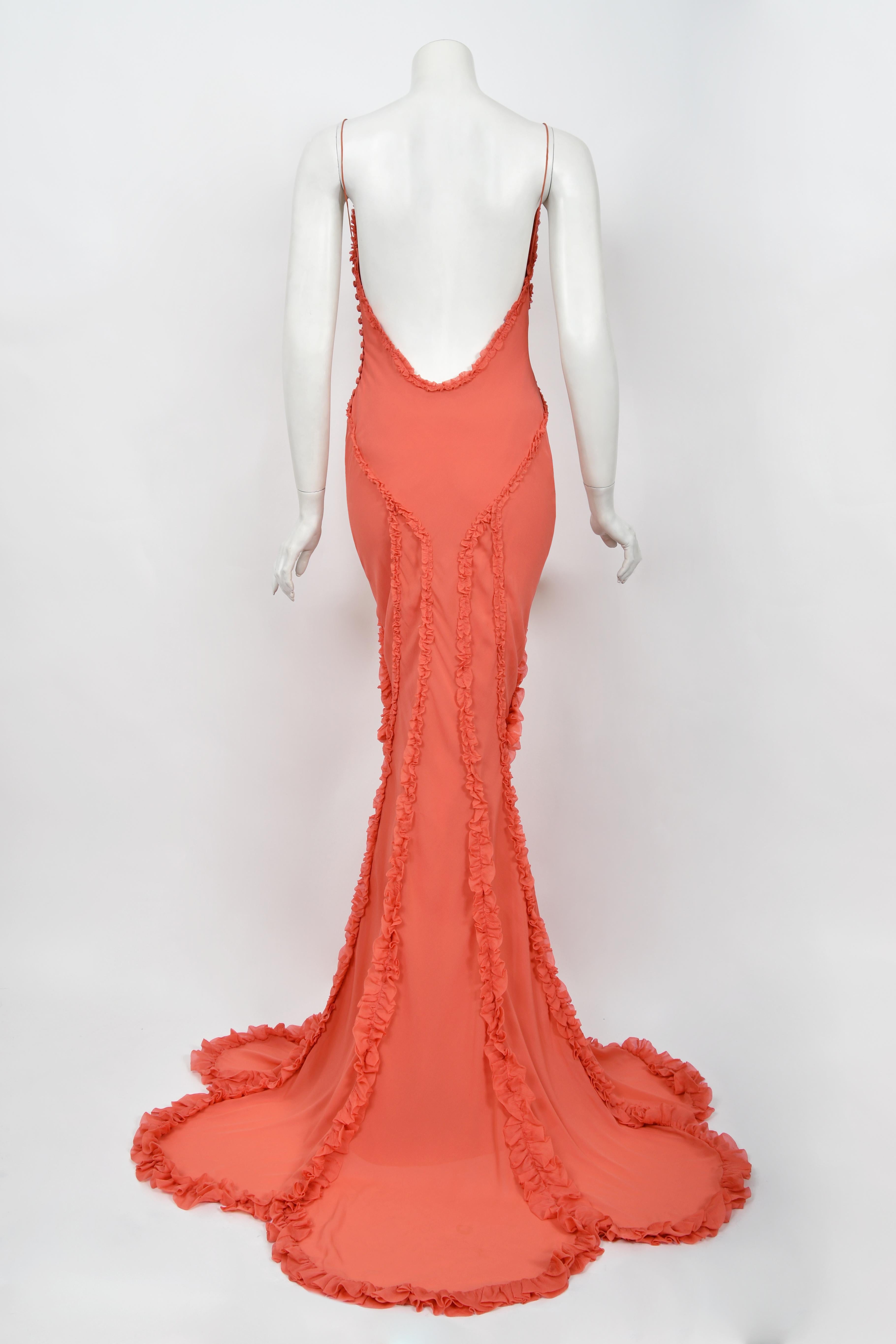 Rare 2008 John Galliano Coral Pink Silk Bias-Cut Scalloped Train Backless Gown 9