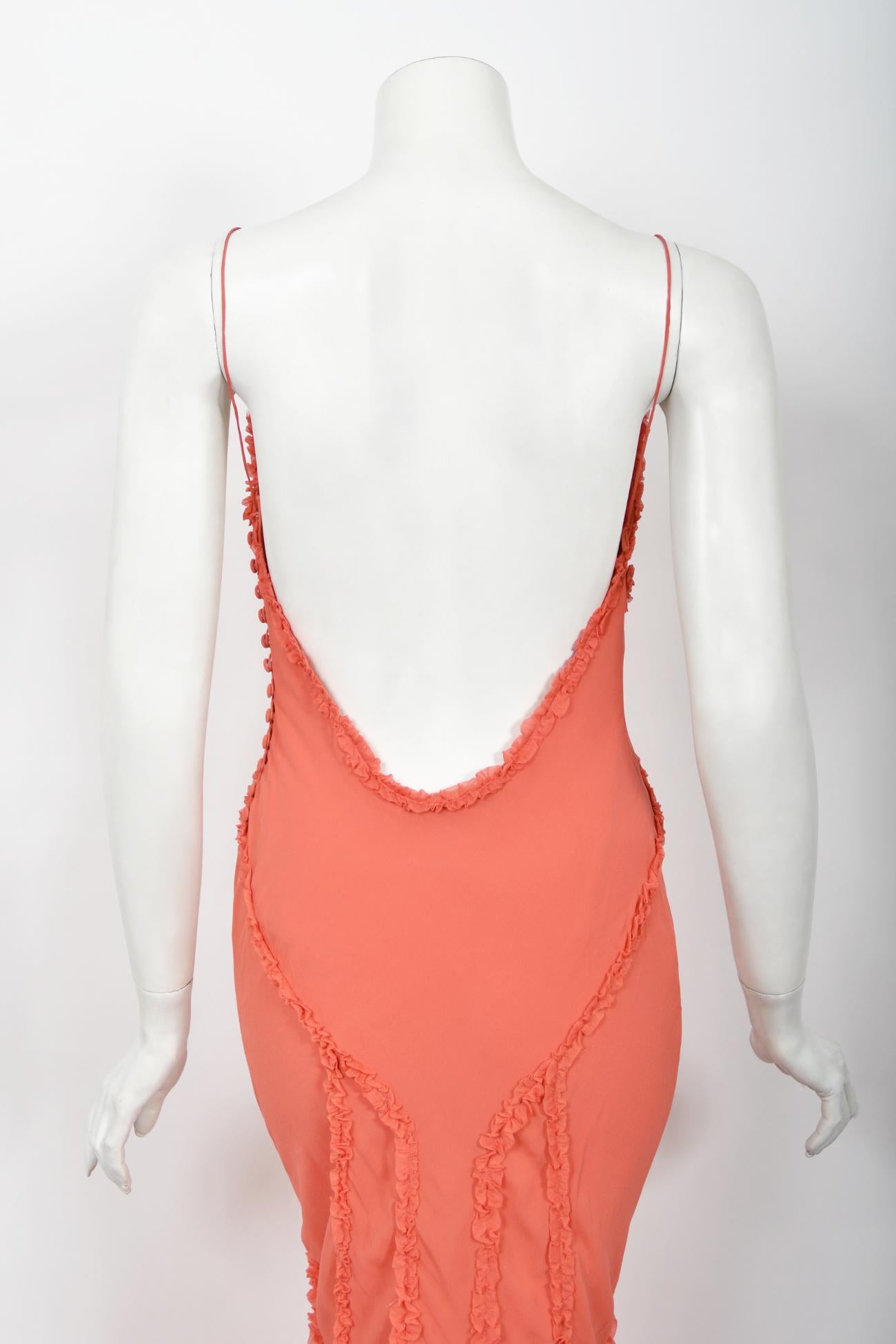 Rare 2008 John Galliano Coral Pink Silk Bias-Cut Scalloped Train Backless Gown 10