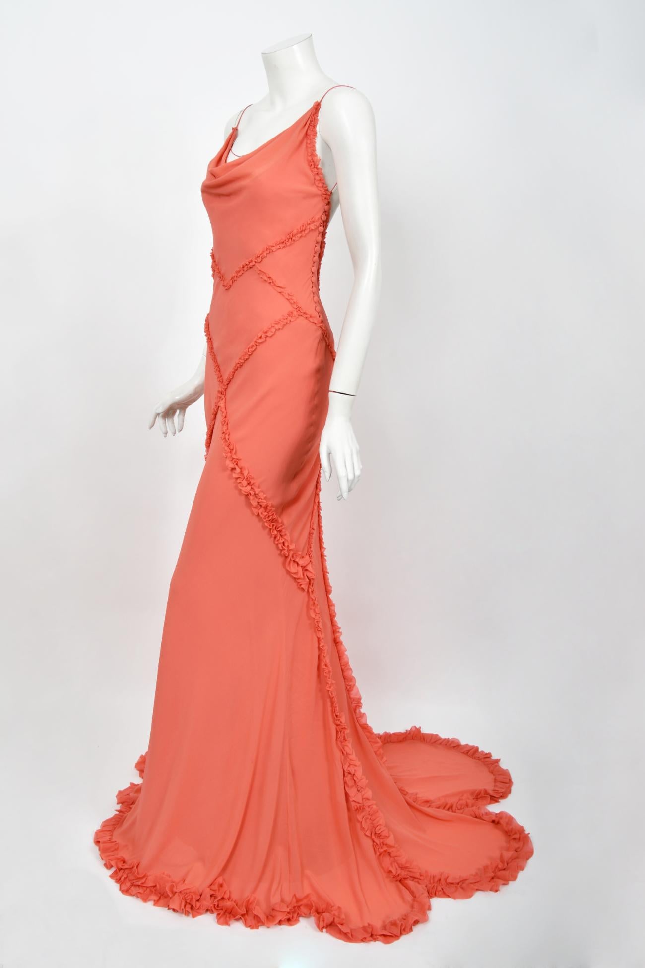 Rare 2008 John Galliano Coral Pink Silk Bias-Cut Scalloped Train Backless Gown 4