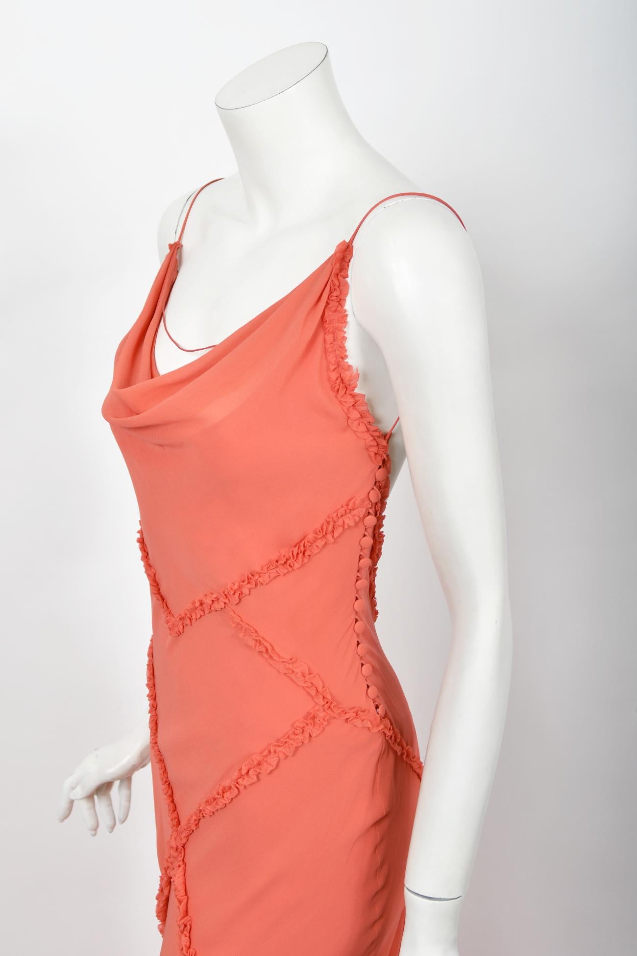 Rare 2008 John Galliano Coral Pink Silk Bias-Cut Scalloped Train Backless Gown 5
