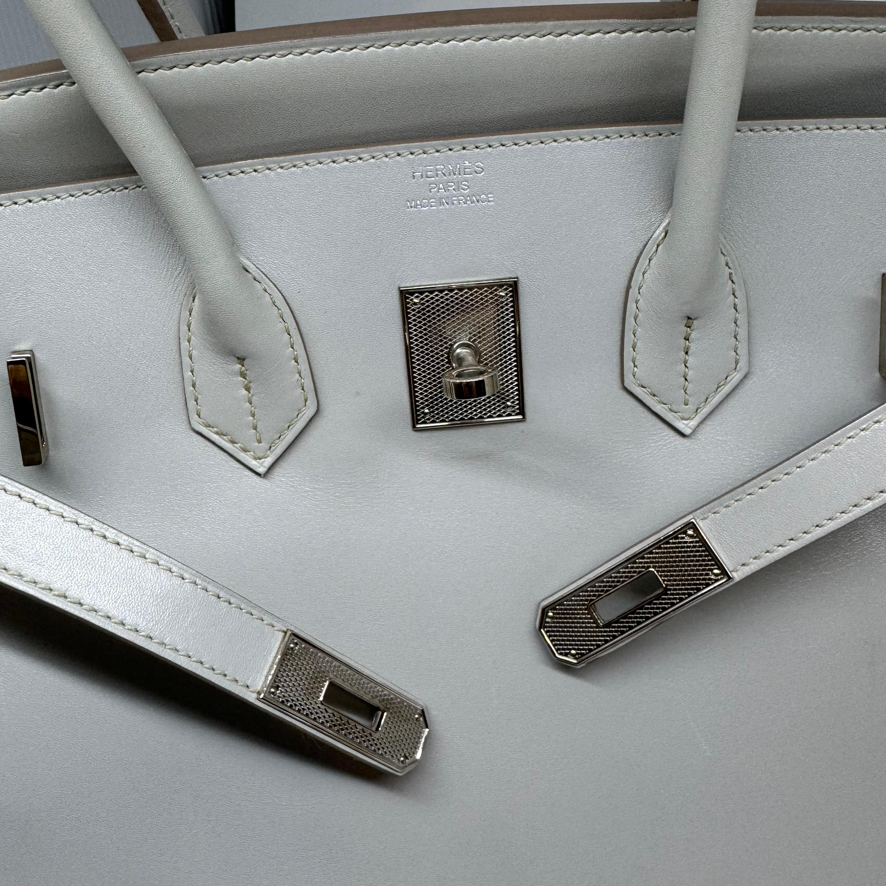 Gray Rare 2013 Hermes Tadelakt Gris Perle Palladium Guilloche Hardware Birkin 35 Bag For Sale