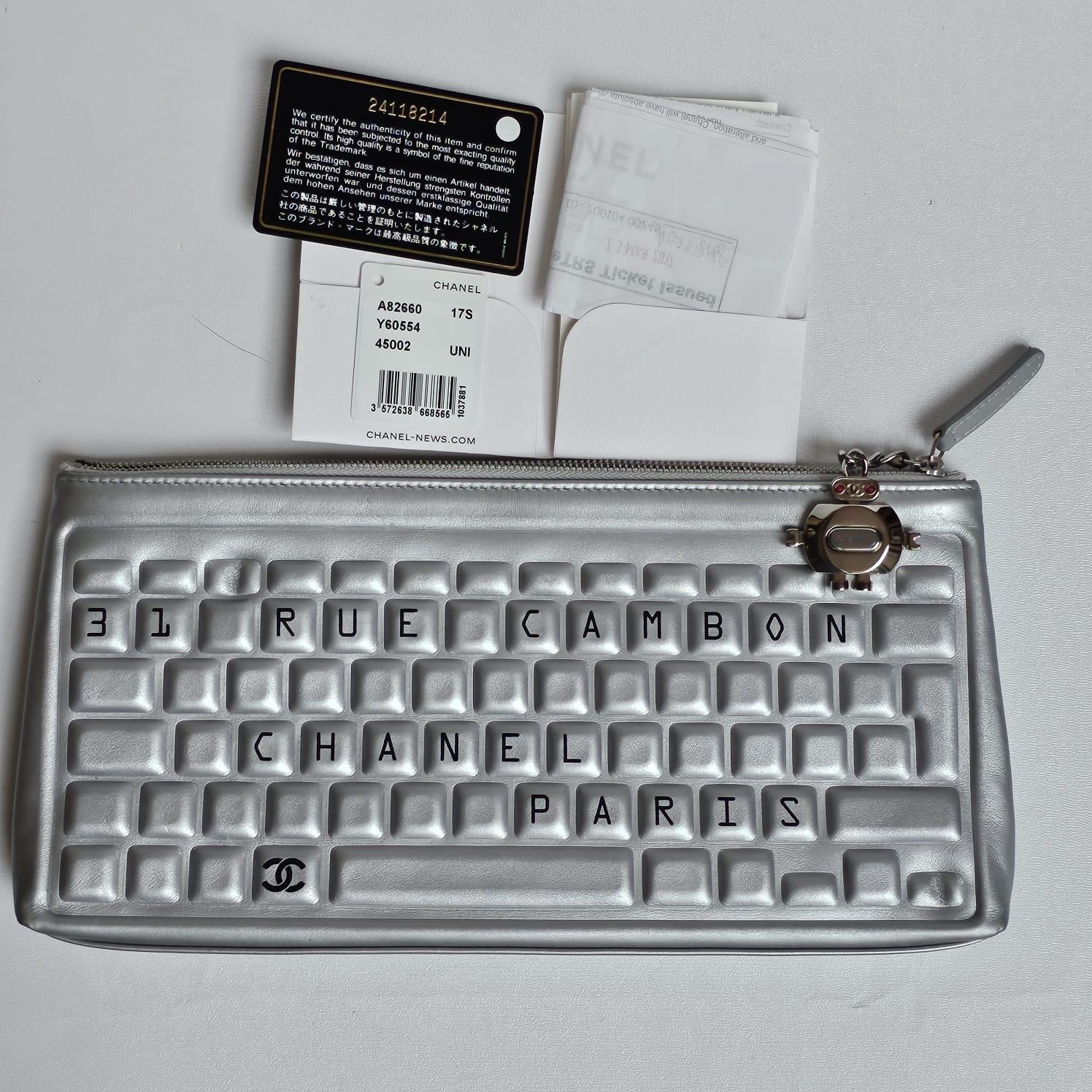Rare 2017 Chanel Metallic Silver Keyboard Zip Clutch For Sale 12