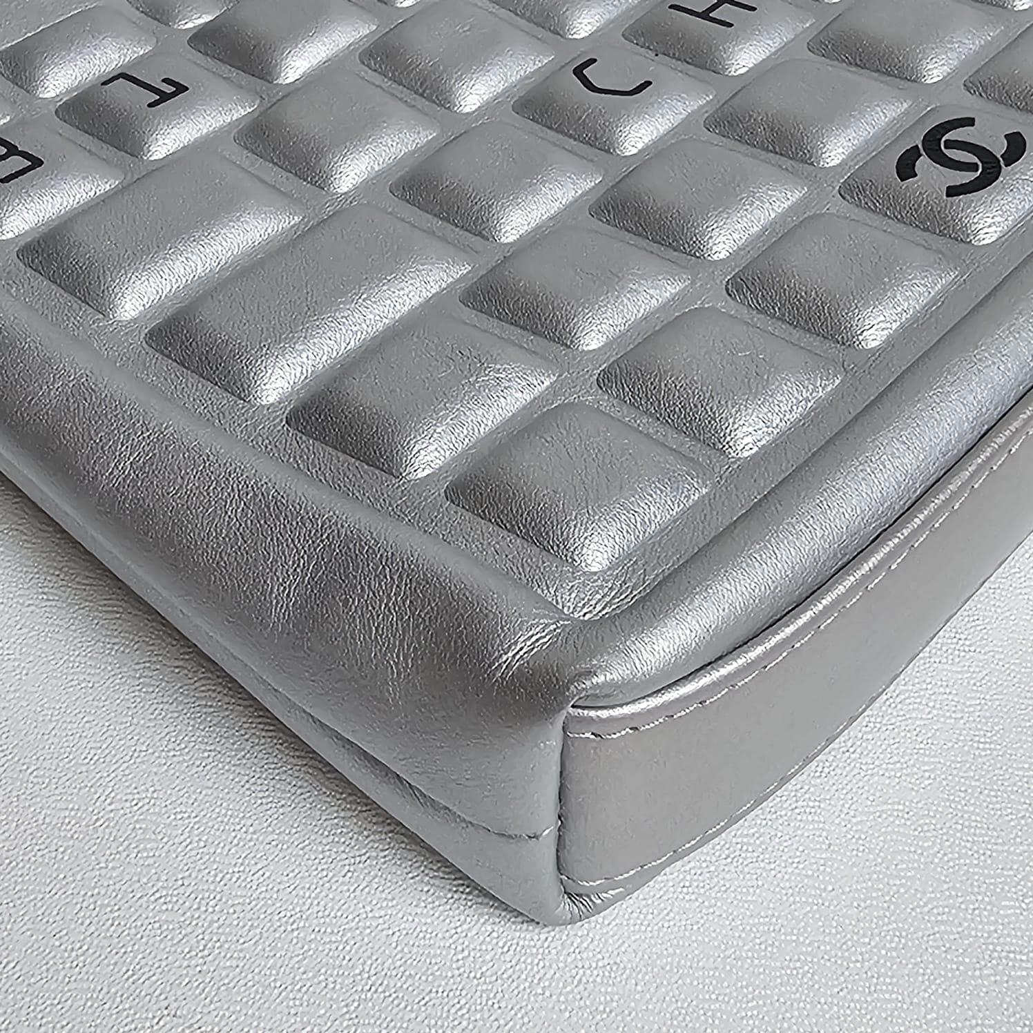 Rare 2017 Chanel Metallic Silver Keyboard Zip Clutch For Sale 5