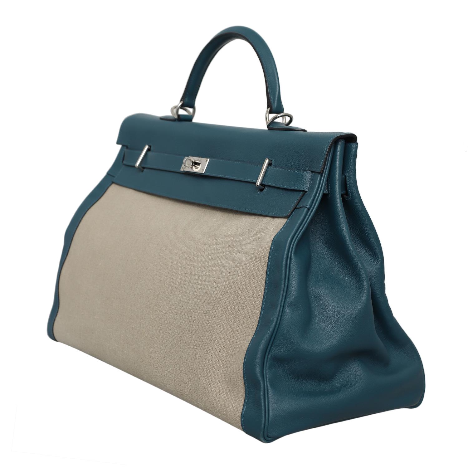 Women's or Men's Rare 2017 Hermes Evercolor Vert Bosphore Toile Kelly Voyage 50 Bag