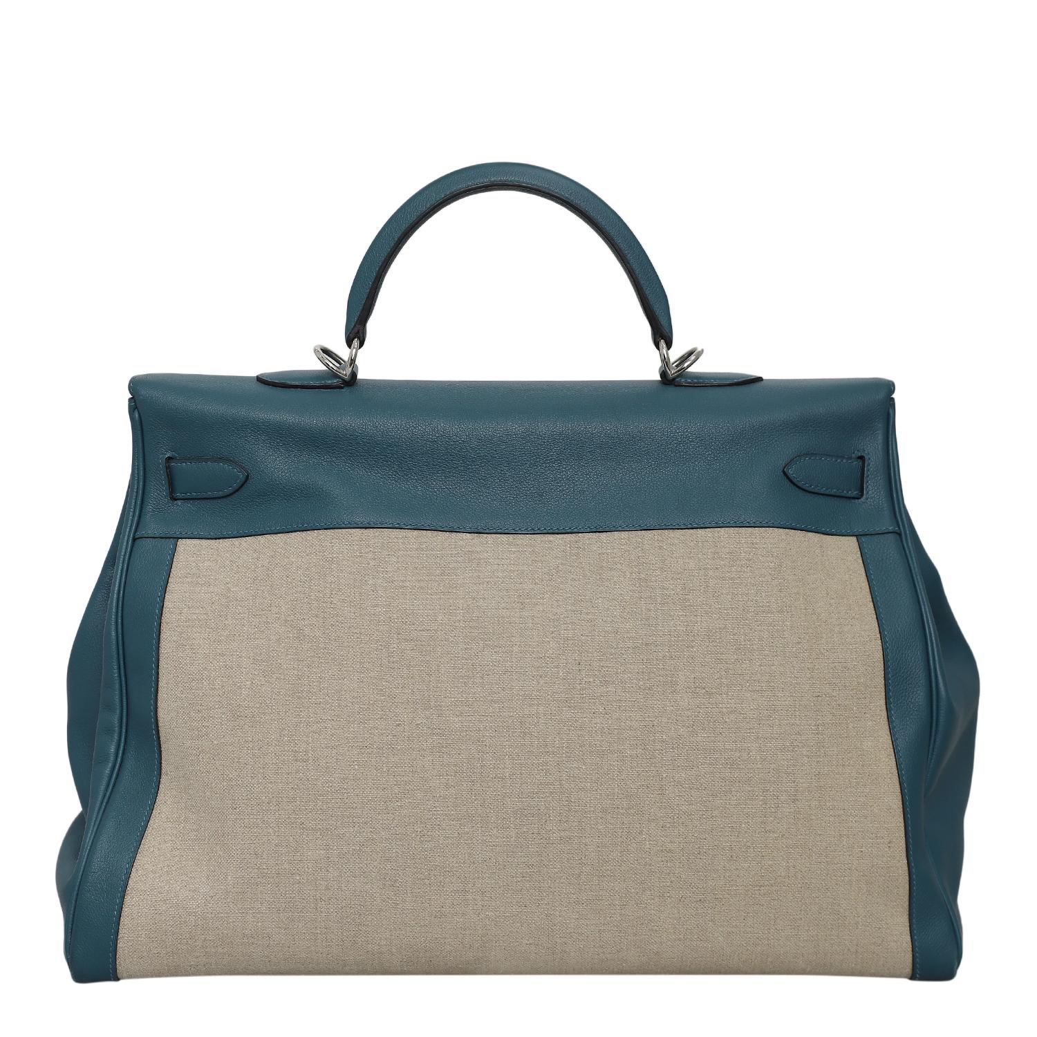Rare 2017 Hermes Evercolor Vert Bosphore Toile Kelly Voyage 50 Bag 1