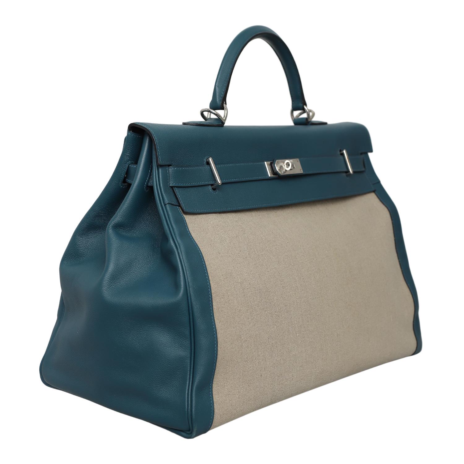 Rare 2017 Hermes Evercolor Vert Bosphore Toile Kelly Voyage 50 Bag 2