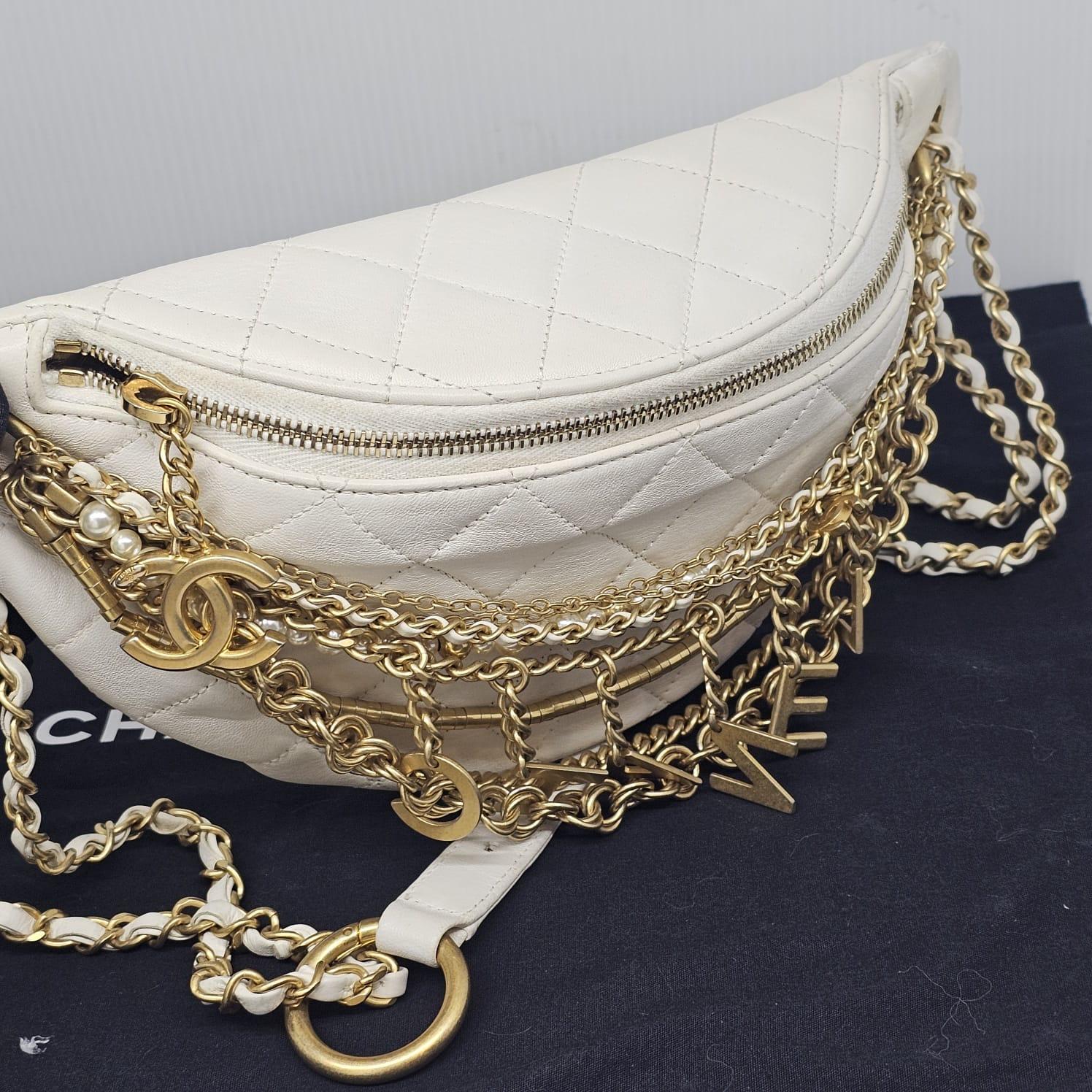 Rare 2019 Chanel White Quilted All About Chains Waist Bag For Sale 7