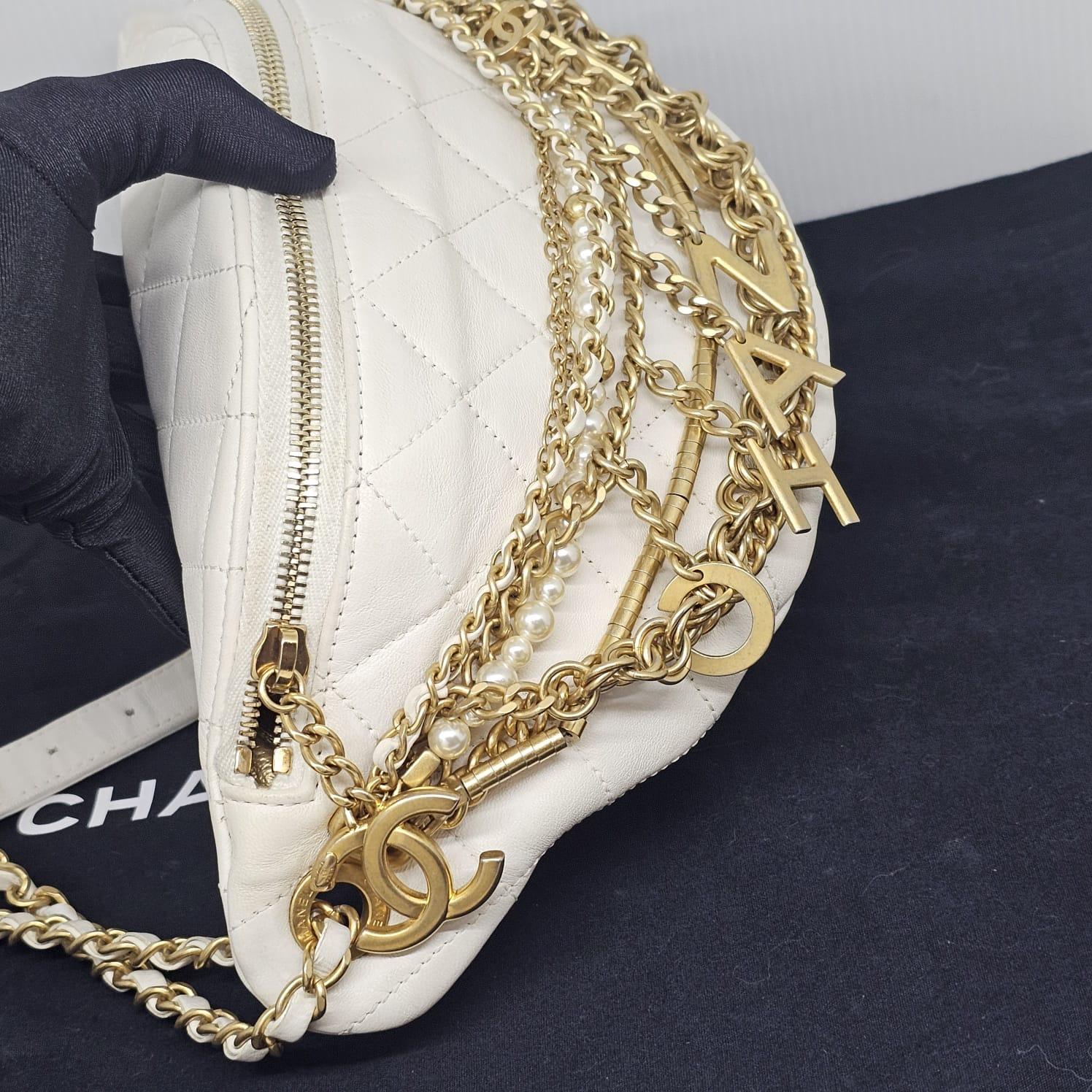 Rare 2019 Chanel White Quilted All About Chains Waist Bag For Sale 8