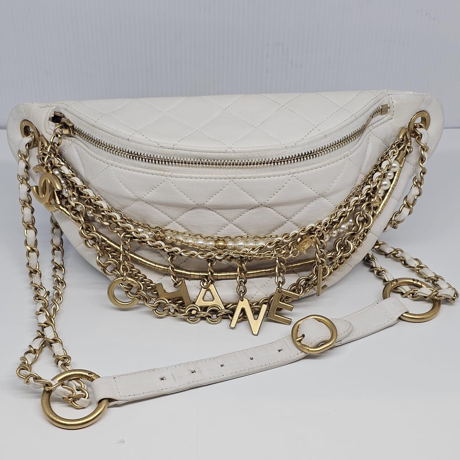 Rare 2019 Chanel White Quilted All About Chains Waist Bag For Sale 9