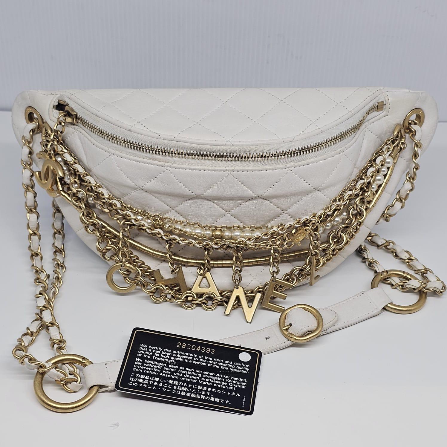 Rare 2019 Chanel White Quilted All About Chains Waist Bag For Sale 10