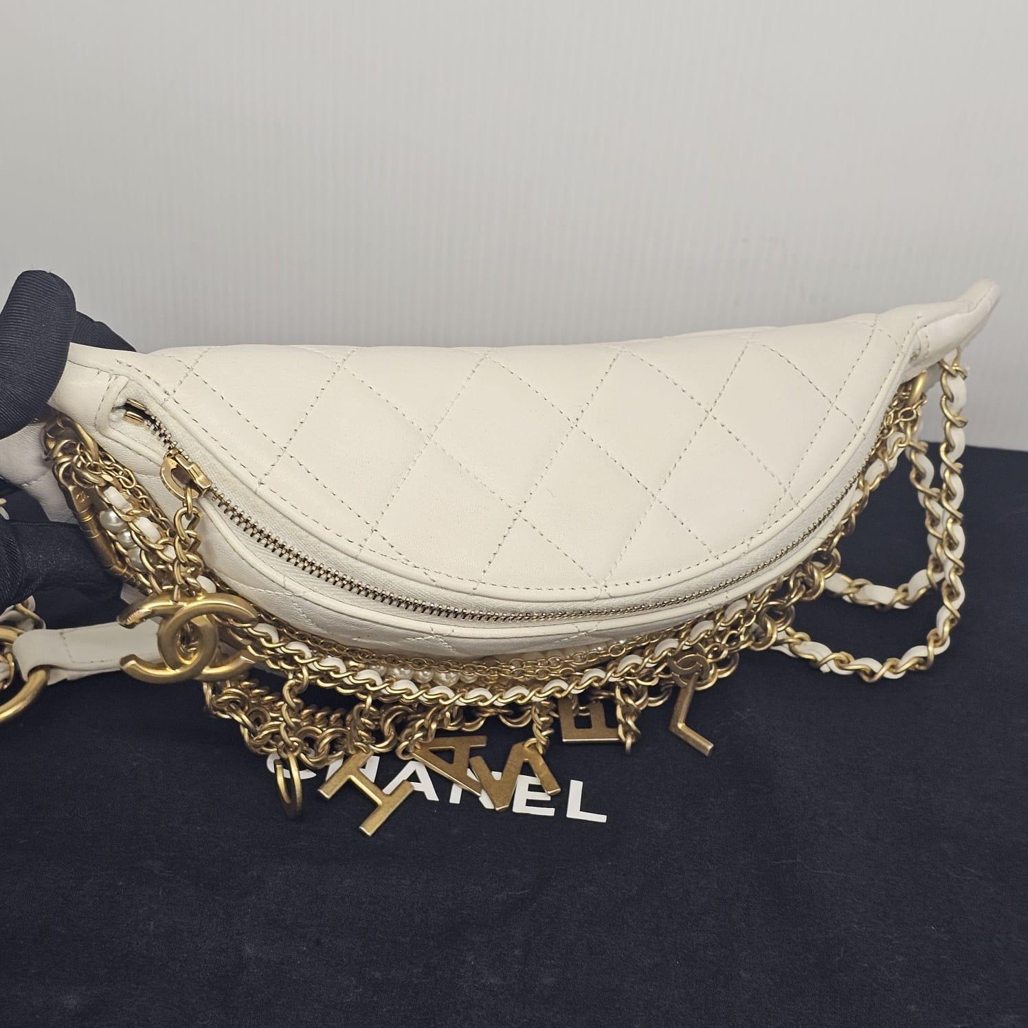 Rare 2019 Chanel White Quilted All About Chains Waist Bag For Sale 12