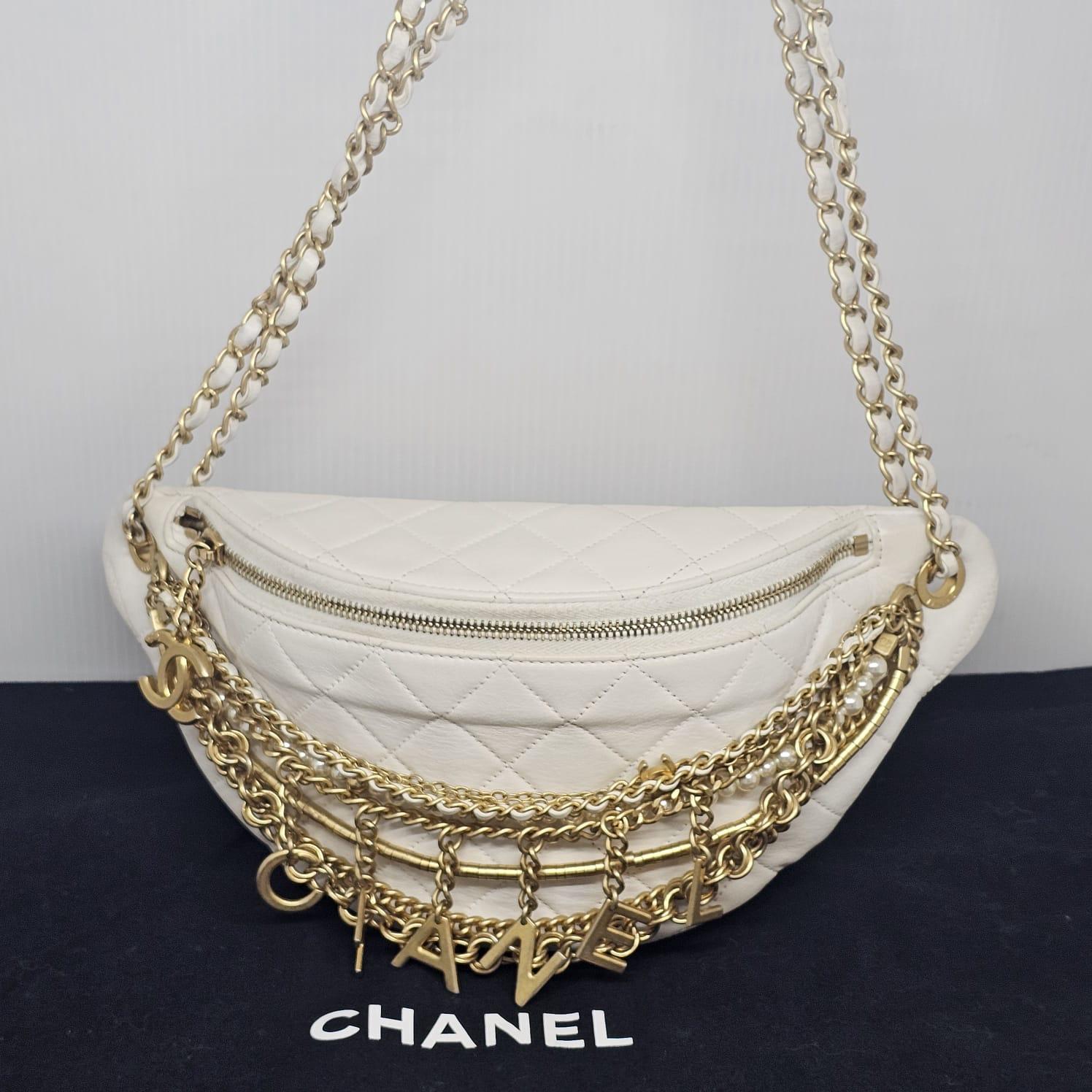 Rare 2019 Chanel White Quilted All About Chains Waist Bag For Sale 3