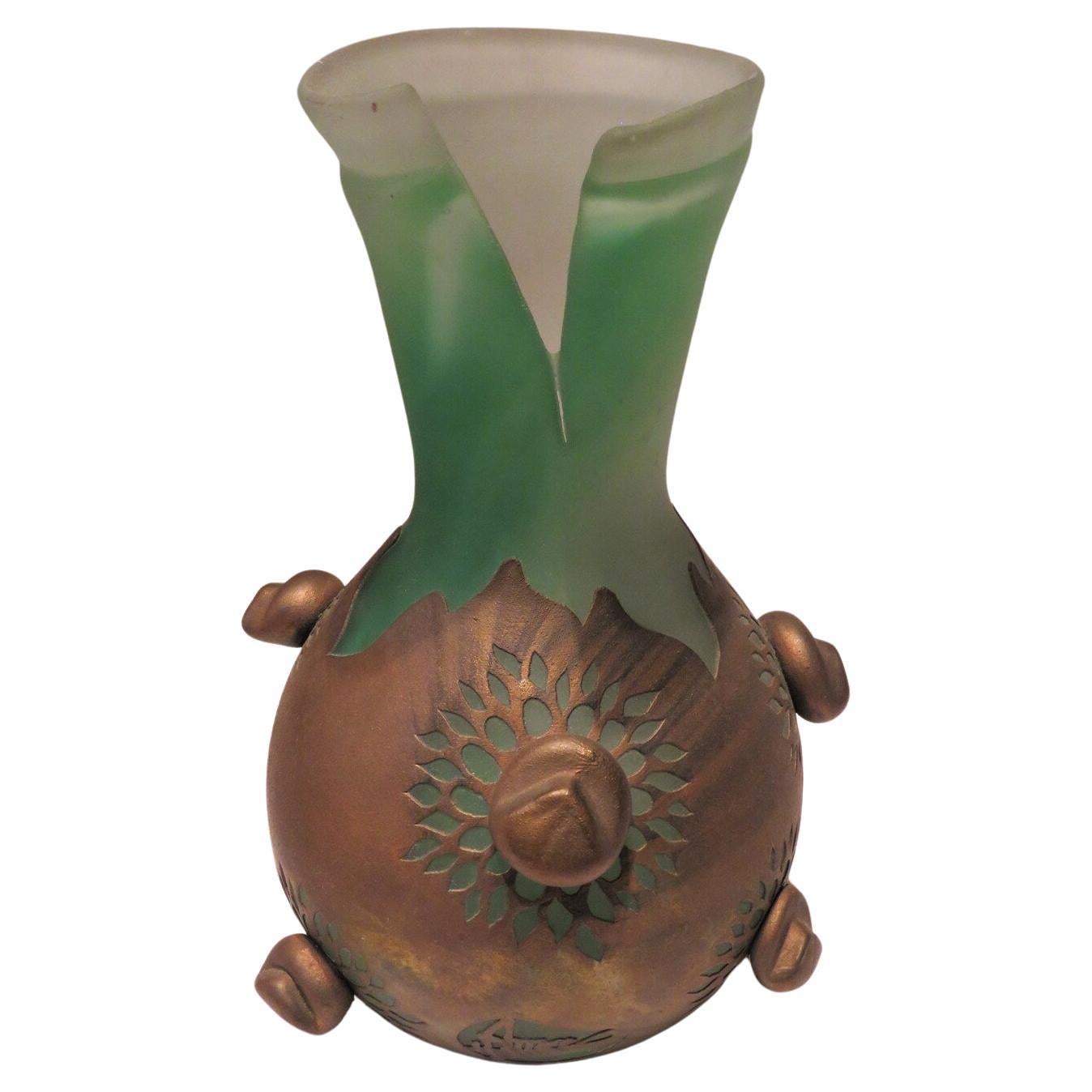  Rare 20th C European Colored Glass Metallic Overlay Vase Florida Estate For Sale