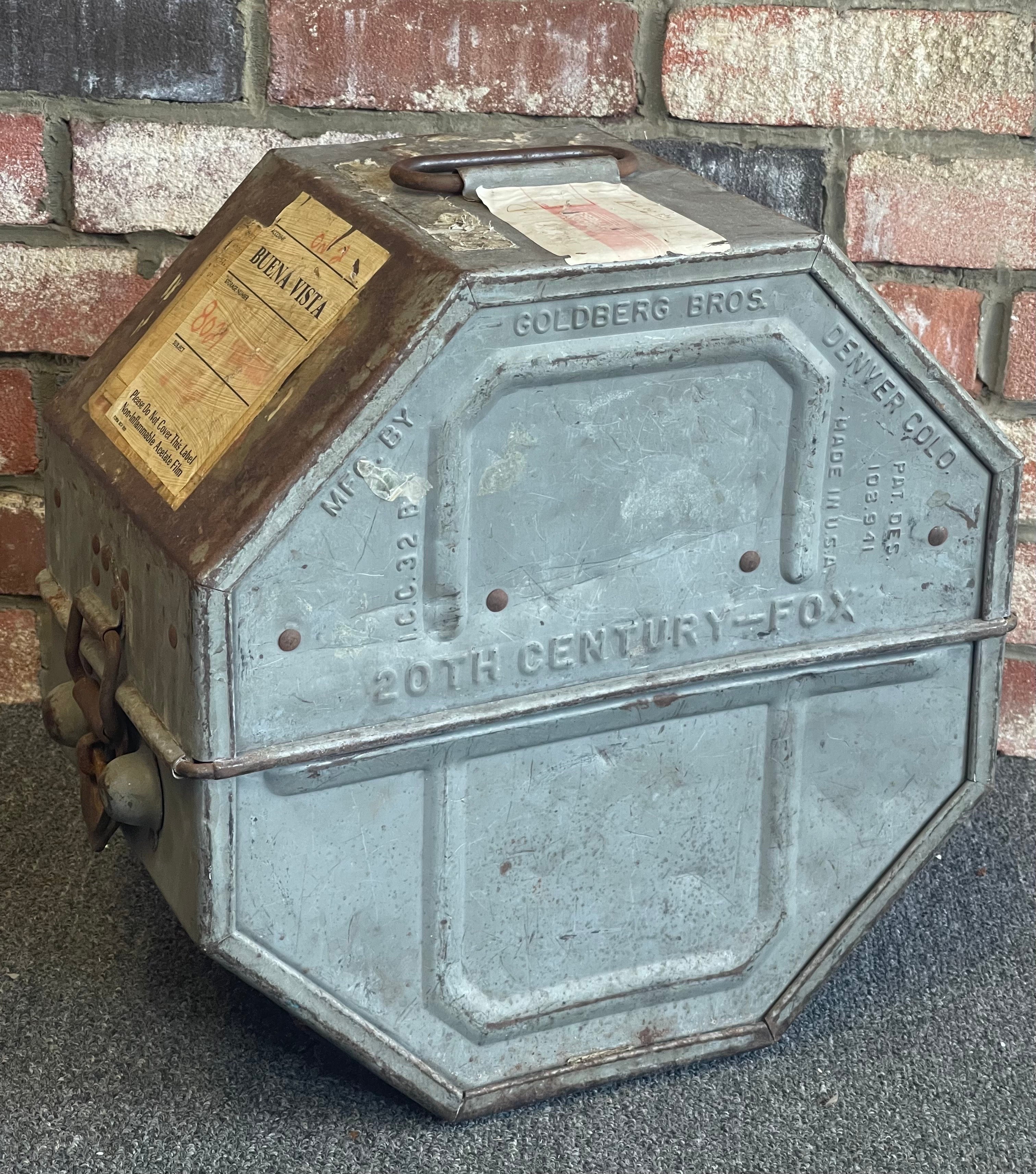 A rare 20th Century Fox film studios 35mm motion picture reel shipping case, circa 1940. The case was manufactured by Goldberg Brothers in Denver, CO and measures 16