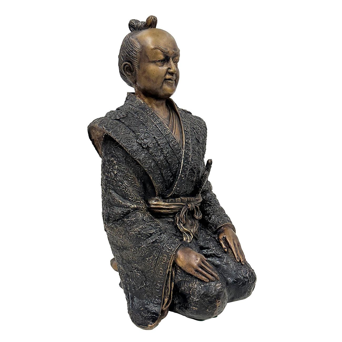 Carved Rare 20th Century Japanese Antique Bronze Samurai Statue Shijo Kingo For Sale