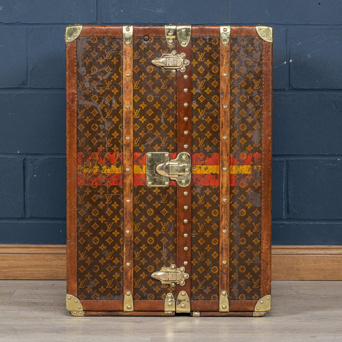 Stunning and extremely rare, this early 20th century Louis Vuitton wardrobe trunk was the must have item of any elite traveller. This never-been-seen-before trunk is covered in the world famous LV monogrammed canvas, with its lozine borders and