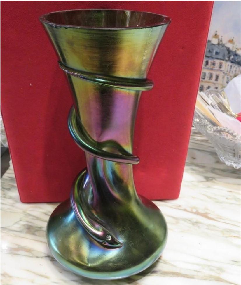 The Following Item we are offering is a Beautiful Large 20th Century Tiffany Style Serpent Swirl Vase. Vase is Magnificently decorated with Scrolled Detail in opalescent Colored Glass. Inscribed on bottom L.C.T. Taken out of a Private Attorney and