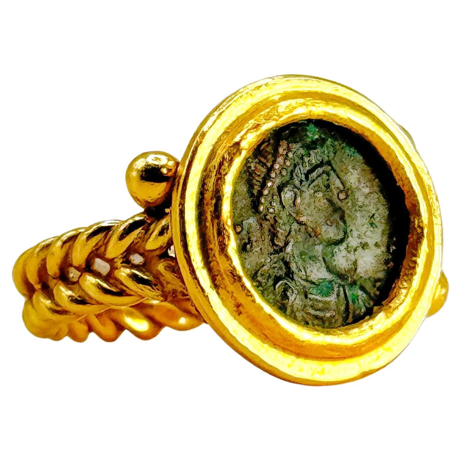 Rare 21K Gold Antique Ring with Alexander the Great Roman Coin - Unique Historic For Sale