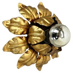 rare 22cm Golden Metal Florentiner Leaf Theatre Wall Ceiling Light, Italy, 1960